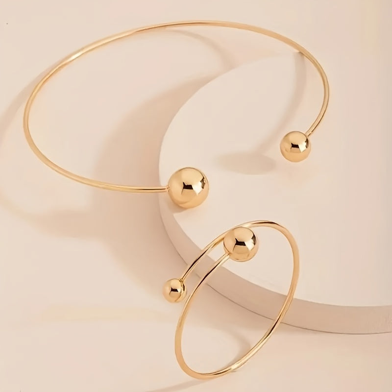 2pcs Metal Glossy Adjustable Bracelet and Necklace Set