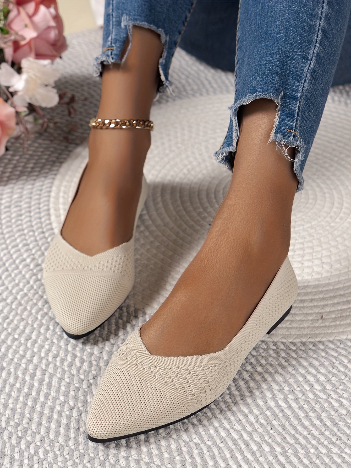 Women's Fashion Flat Shoes, Casual Pointed Toe Knit Flats, Breathable & Comfort Slip-On Ballet Shoes For Daily Wear