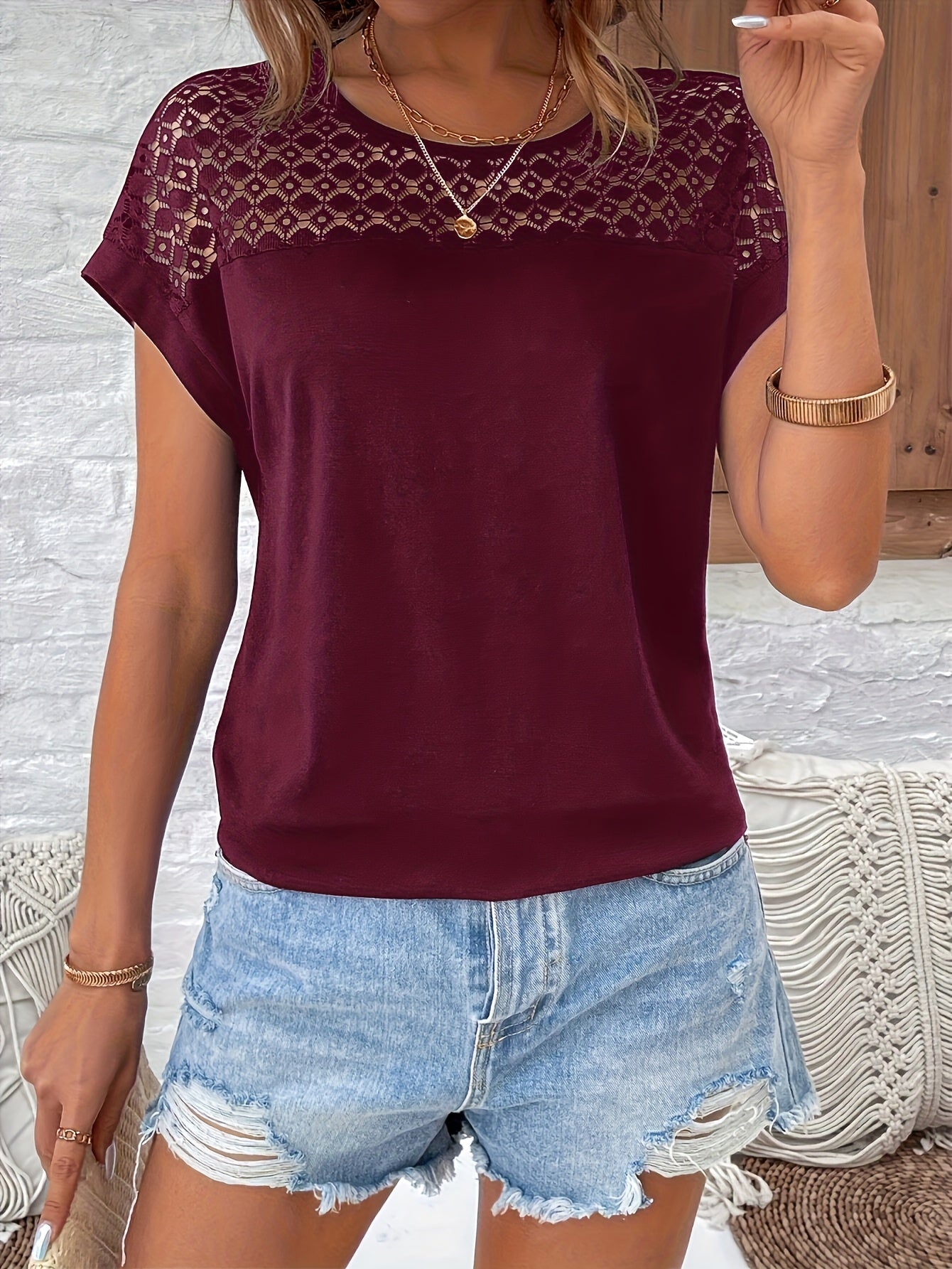 Vacation Style Lace Batwing Short-Sleeve T-Shirt