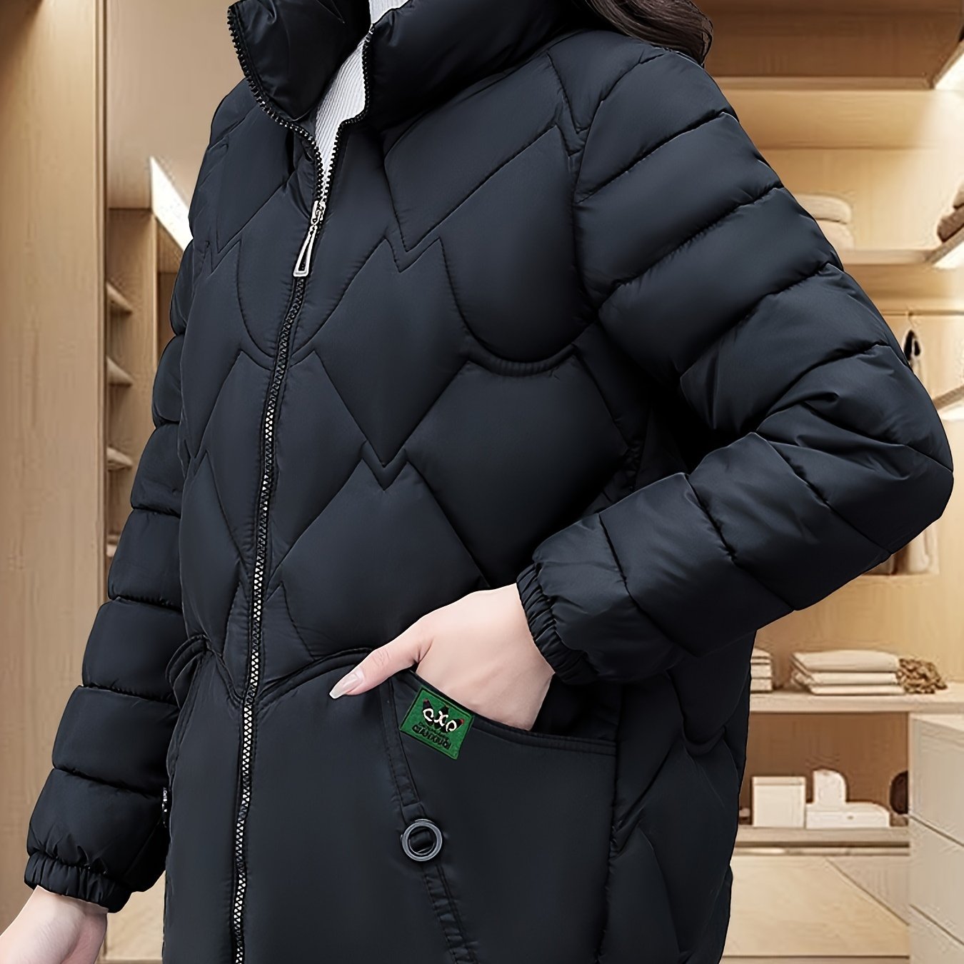 Women'S Embroidered Quilted Jacket, Casual Long Sleeve Polyester Coat, Non-Stretch H-Contoured Regular Fit, Pleated Hem, Thick Warm Winter Outerwear for Middle-Aged Moms