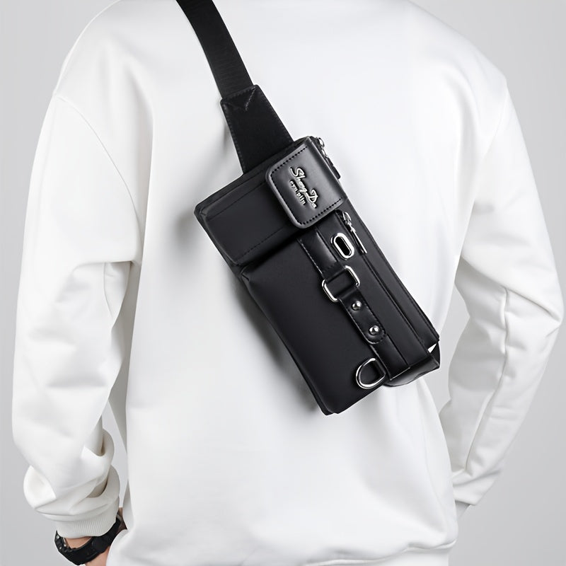 Men‘S Casual Oxford Chest Bag – Multi-Function Phone Bag with Zip Closure, Daily Commute Hollow Design Shoulder Bag with Adjustable 100Cm Strap (No Print)