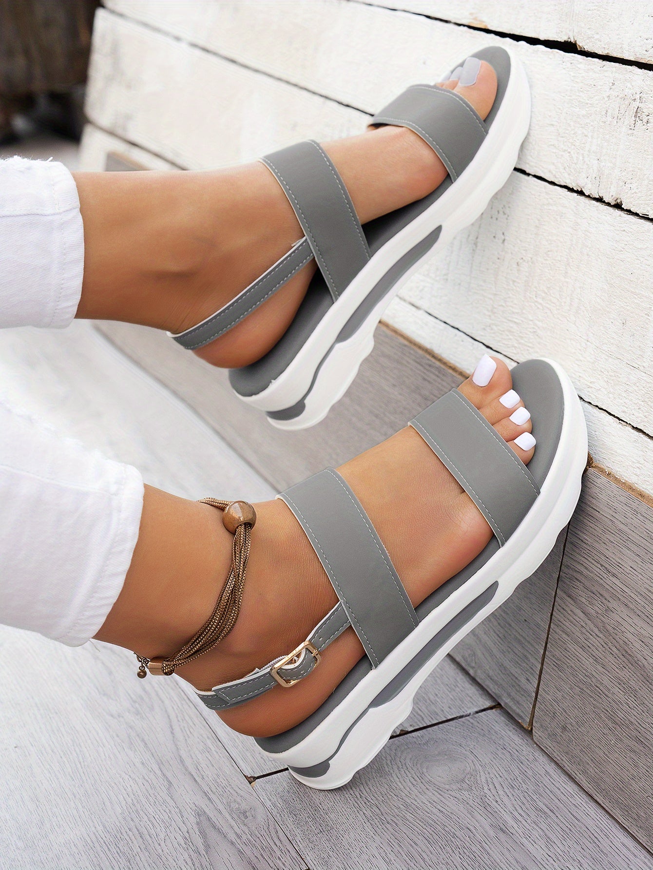 Mhysa Women's Comfortable Open-Toe Platform Sandals with Thick Sole & Golden Buckle Strap - Summer Casual White PU Cover Ankle Strap Sandals for Casual Attire, Ladies Sandals