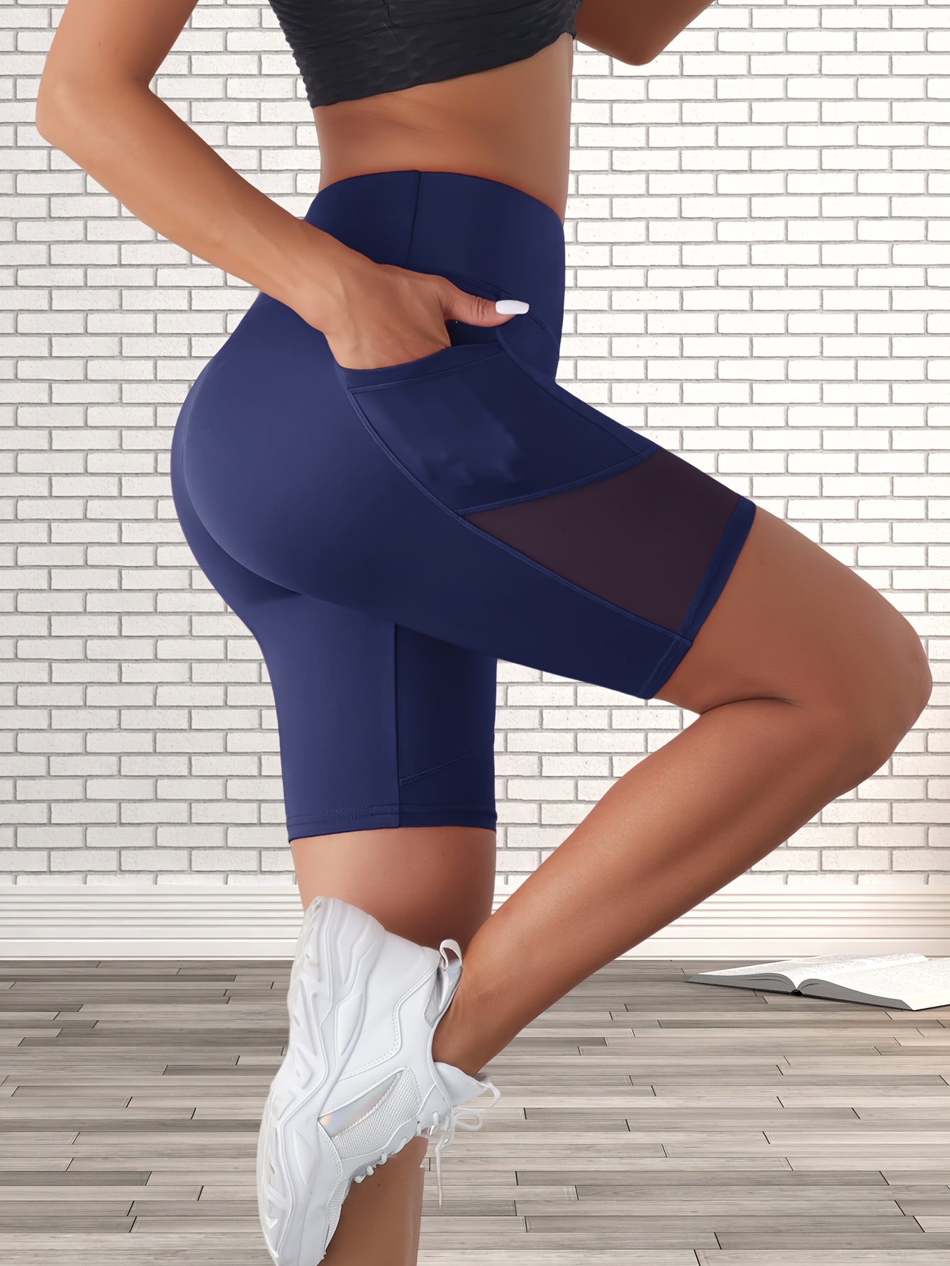 High Waist Mesh Contrast Yoga Short With Pocket, High Waist Stretch Running Biker Shorts, Women's Activewear