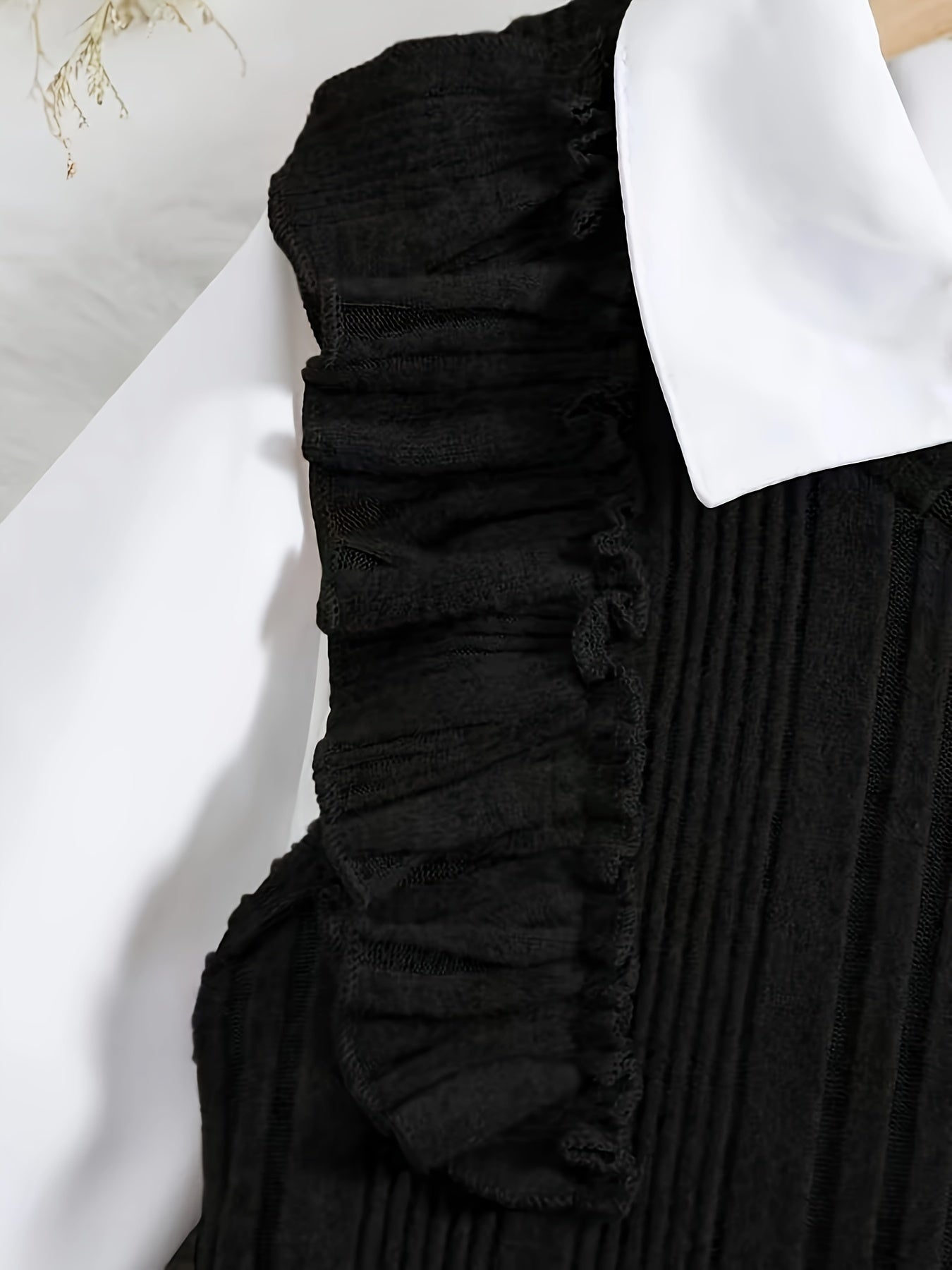 Girls 2-piece Trendy & Stylish Outfit, Long Sleeve Button Up Shirt & Sleeveless Ruffle Spliced Knitted Split Side Dress For Spring & Fall Outdoors (Belt Excluded)