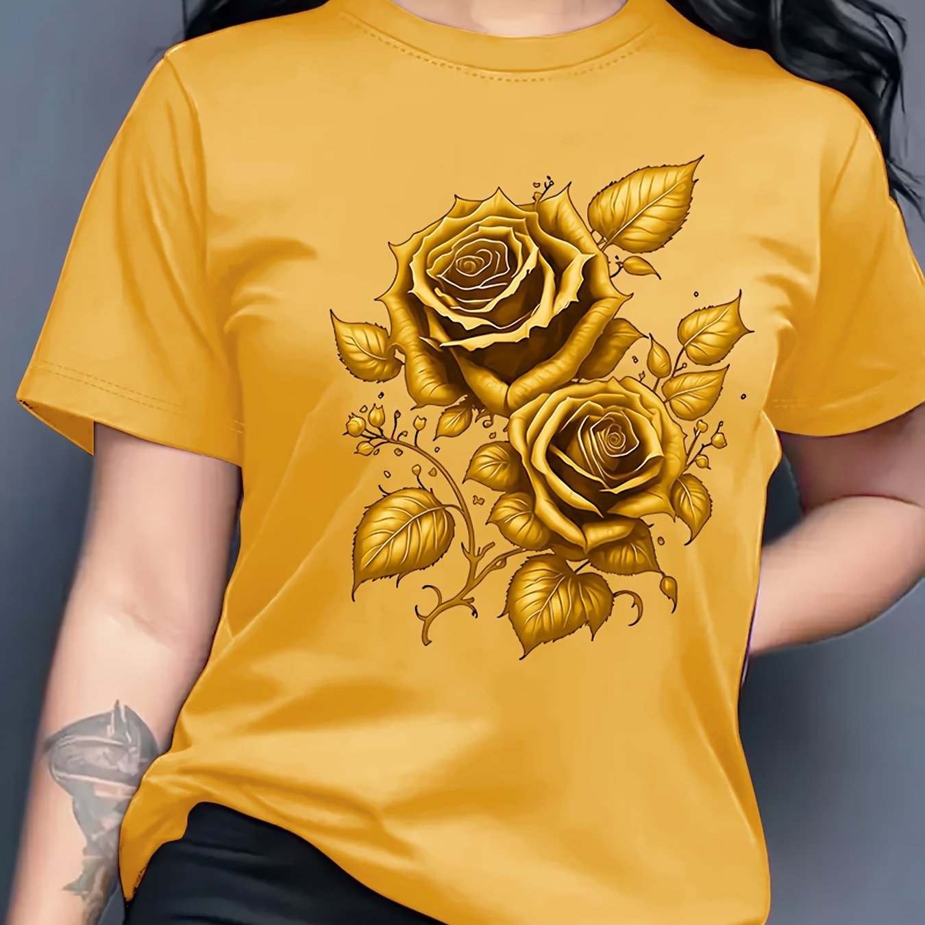 Women's Light Blue Yellow Rose Print T-Shirt - Short Sleeve Crew Neck Casual Top with Medium Stretch, Machine Washable & Breathable Fabric for All-Season Comfort, Relaxed Style, Graphic Tee, Stretchy Material, Printed Shirt,