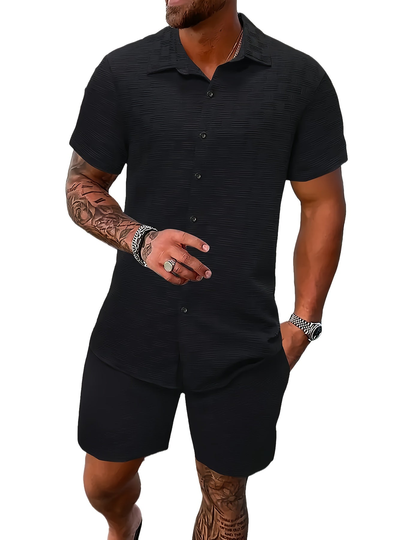 Men's Outfit, Checkered Print Lapel Short Sleeve Button Up Shirt & Shorts 2pcs co ord set for Outdoor Activities
