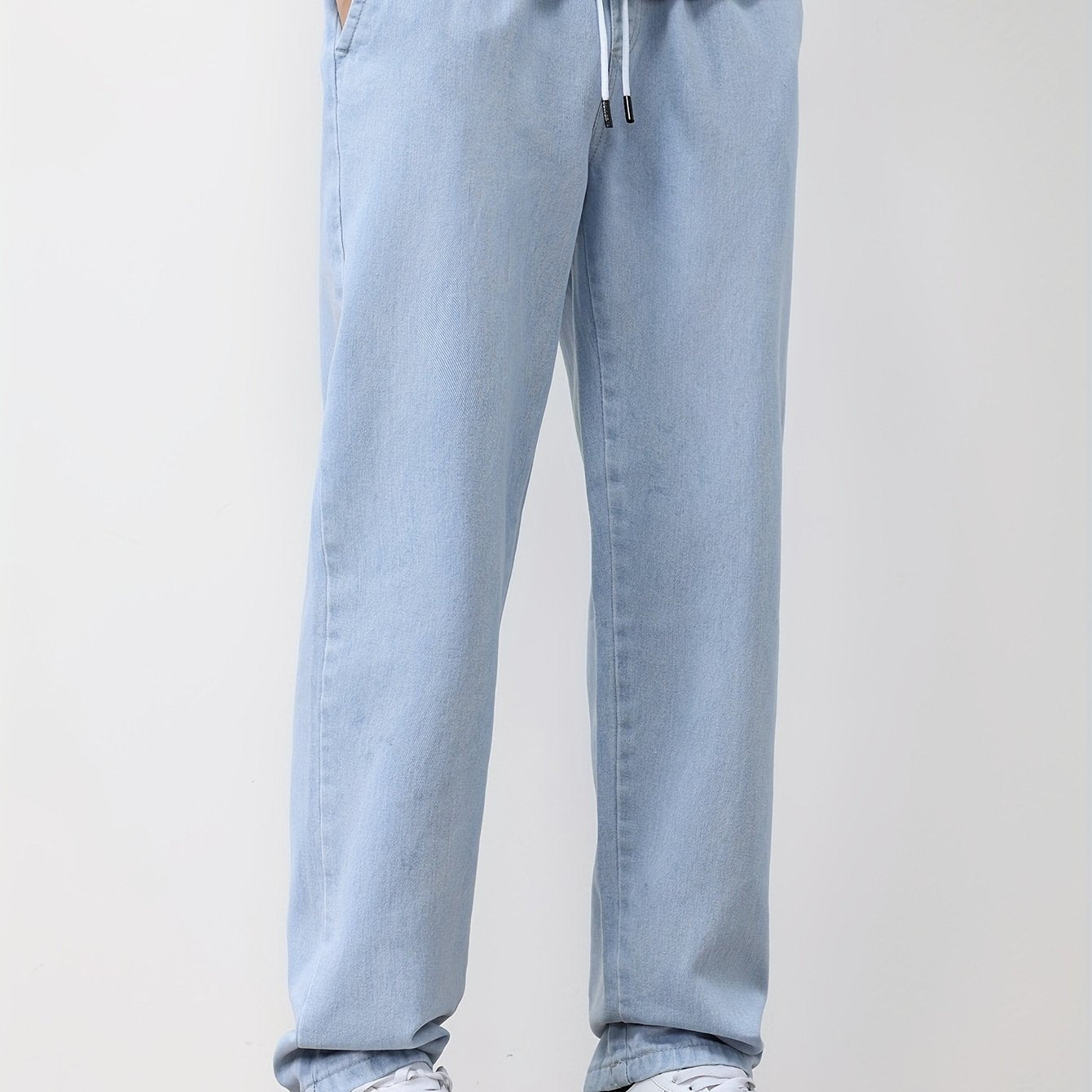Men's Solid Washed Denim Trousers With Pockets, Causal Drawstring Cotton Blend Barrel Jeans For Outdoor Activities