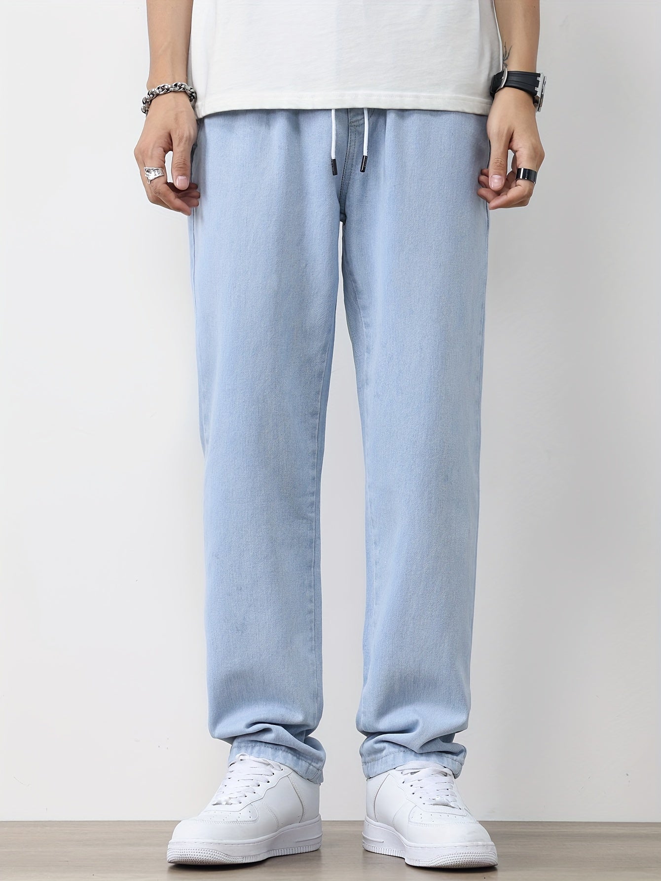 Men's Solid Washed Denim Trousers With Pockets, Causal Drawstring Cotton Blend Barrel Jeans For Outdoor Activities