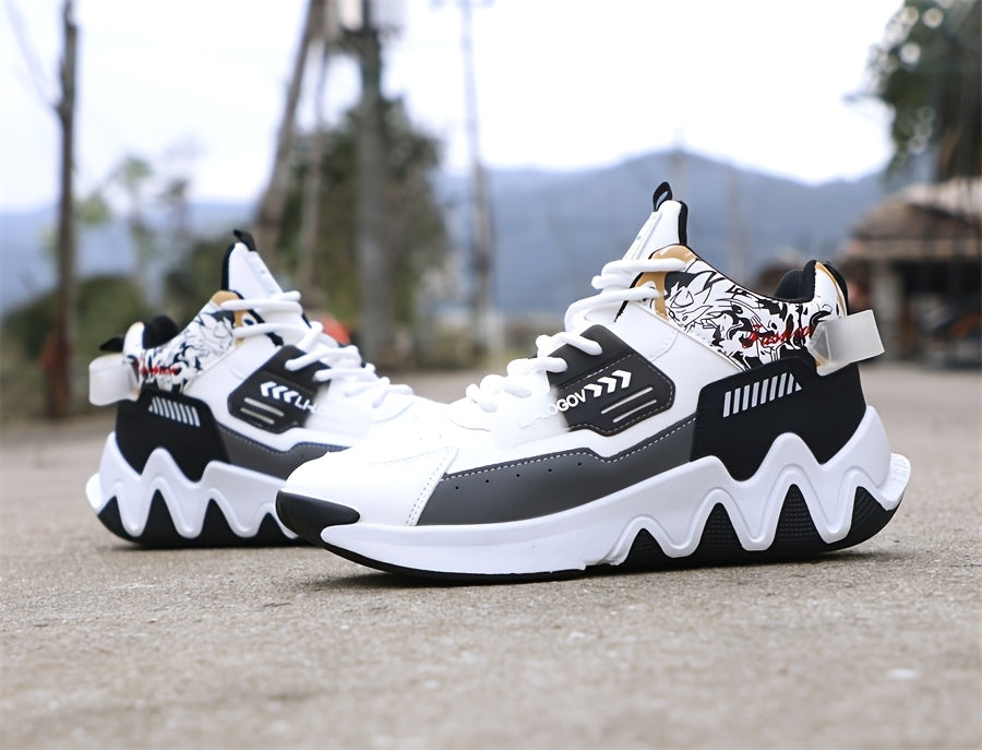 Men's High-Top Basketball Sneakers, Preppy Street Style, Solid Color with Cartoon Stripes, All-Season Lace-Up Sports Shoes, Faux Upper, Fabric Inner, Rubber Sole, for Running, Hiking Casual Wear, Outdoor Activities Shoes