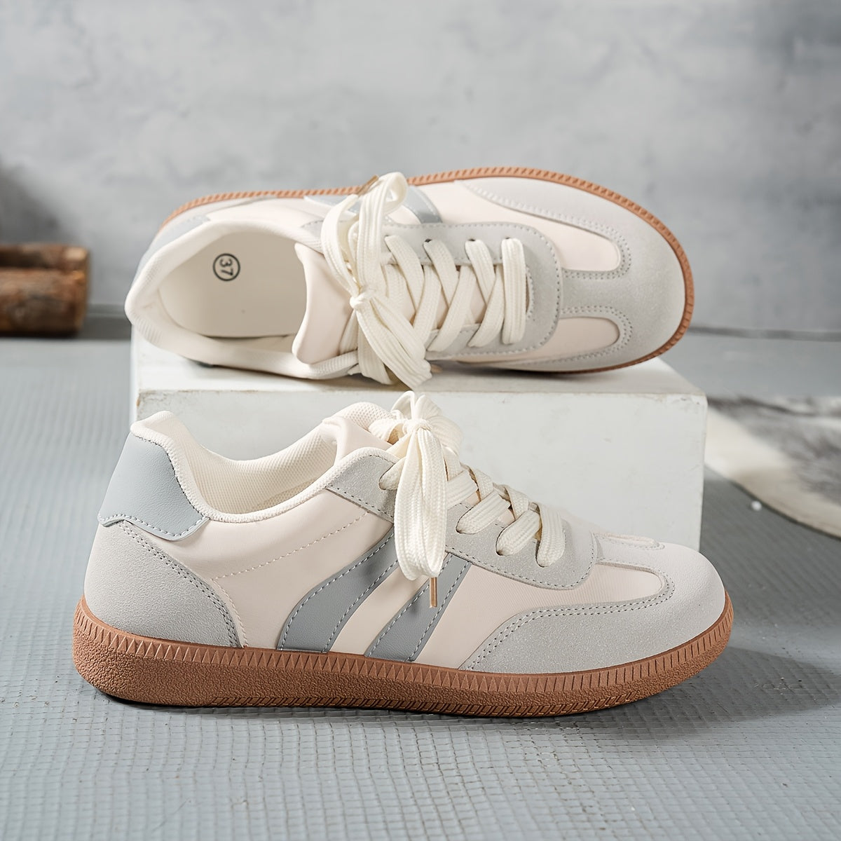 Women's Casual Low-Top Sneakers - Trendy Color Block Design, Light Gray with Navy Blue & Red Stripes, Comfortable Lace-Up Shoes for Casual Attire, Retro Style, Faux Cover Upper, PVC Sole, EVA Insole, Perfect for Spring and Fa