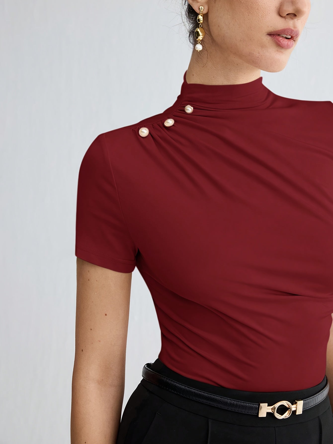 Elegant White Short Sleeve Turtleneck Top with Button Detail - Versatile Summer Blouse for Women, Casual Attire|Minimalist Style|Sleek Fit