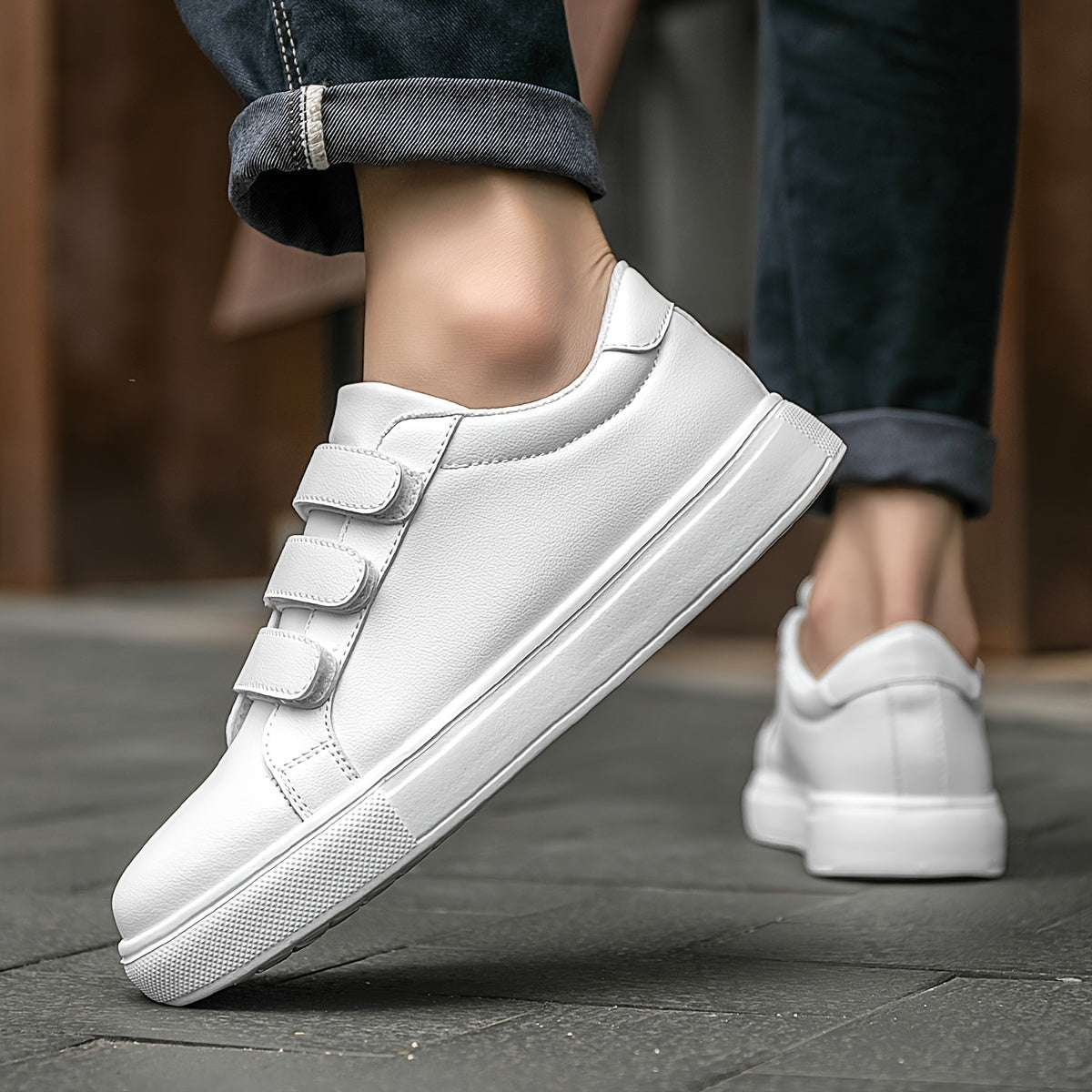 Men's Trendy White Skate Shoes with Hook-and-loop Fastener Closure, Lightweight & Comfortable Casual Sneakers for Casual Attire, Flat Sole, PU Upper, EVA Sole, Fabric Lining, Perfect for Running, Walking, and Street Style