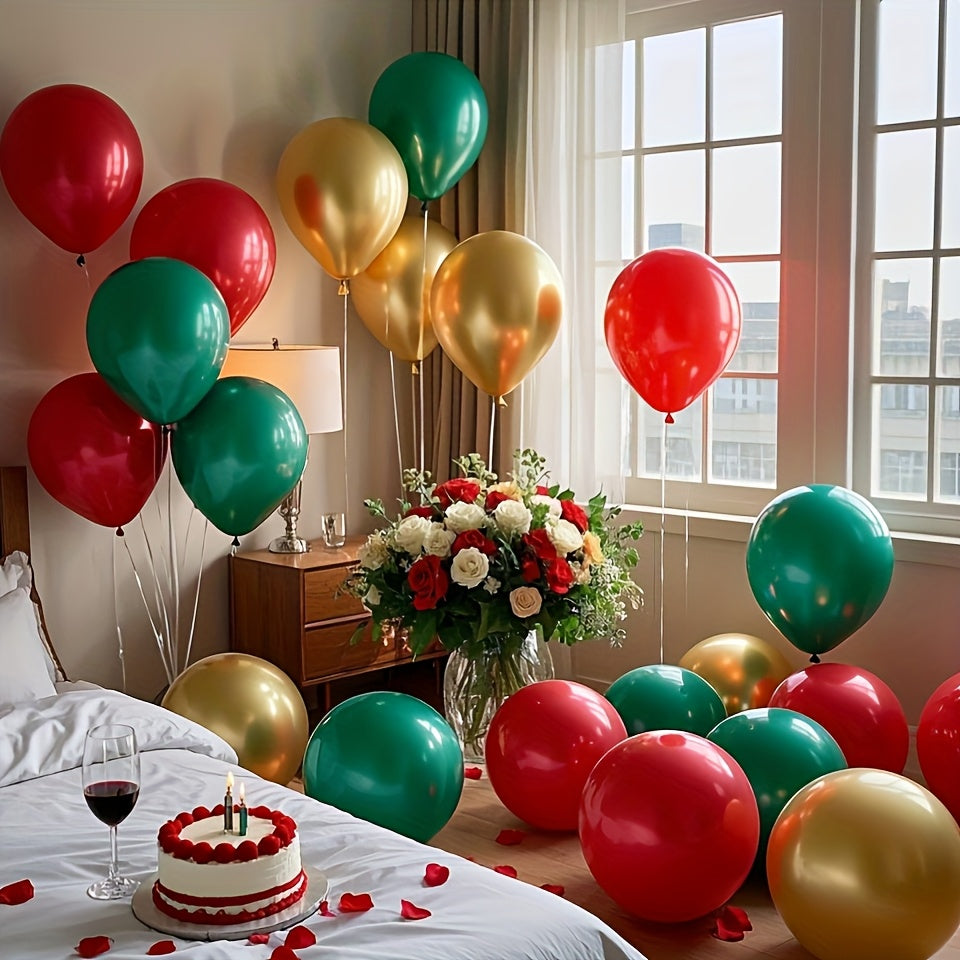 50pcs Red, Green, Golden Metal Balloon Set, 10-Inch Latex Balloons. Perfect for Birthday, Wedding, Thanksgiving, Christmas, New Year Decorations and Party Setup, Suitable For Winter Party Decorations, Anniversary Decorations,