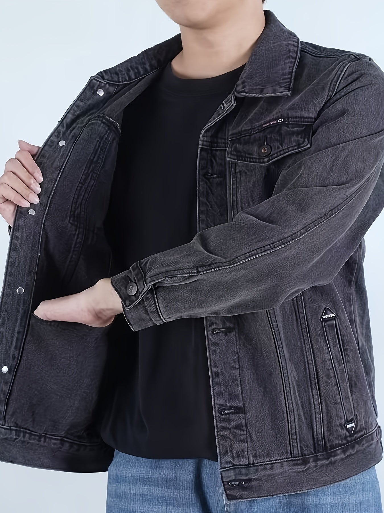 Men's Spring/Autumn Denim Jacket - Casual Chic Style, Black Blend with Red Accents, Button-Up with Flap Pockets, Long Sleeves, Ideal for Hiking & Casual Attire, Outdoor Apparel|Classic Denim Style|Durable Fabric