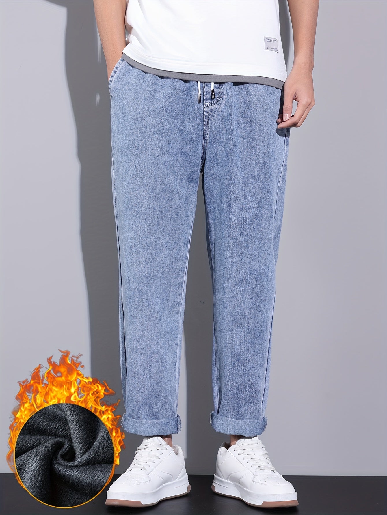 Men's Winter Fleece-Lined Jeans - Casual Straight Leg with Elastic Drawstring Waist, Warm & Stylish Streetwear Denim Pants