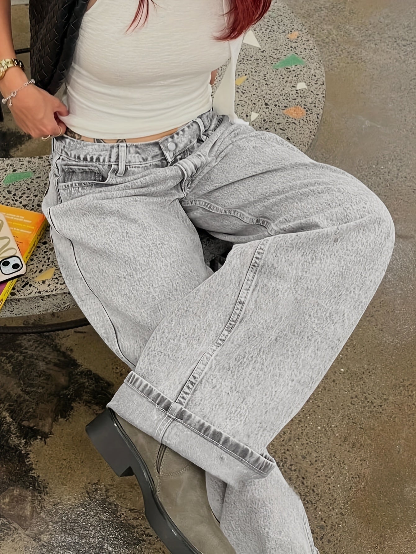 Women'S Casual Mid-Waist Wide Leg Jeans, 76% 13% Viscose 11% Polyester, Non-Stretch Denim, Solid Color, Washed Finish, Long Length, Zipper Fly, All Seasons, Woven Fabric, 390g/m² - Trendy Retro Loose Fit