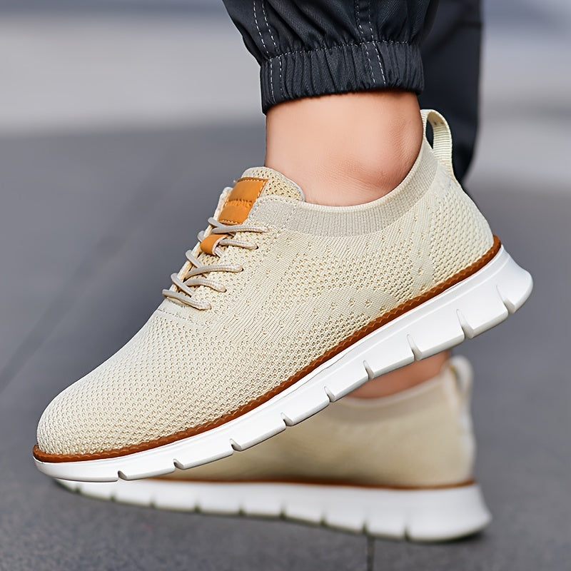 Men's Breathable Knit Business Casual Shoes - Beige with Brown Accents, Lace-Up, EVA Sole, Round Toe, Versatile for All Seasons, Dressy Shoes