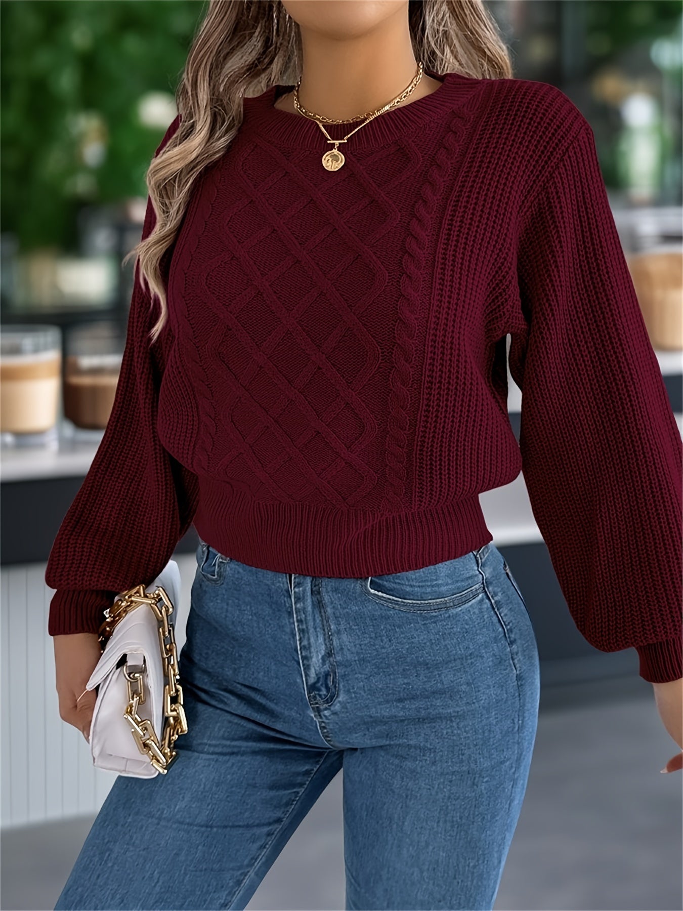 Elegant Cable Knit Sweater for Women - Casual Long Sleeve, Round Neck Pullover in Solid Color, Perfect for Fall/Winter