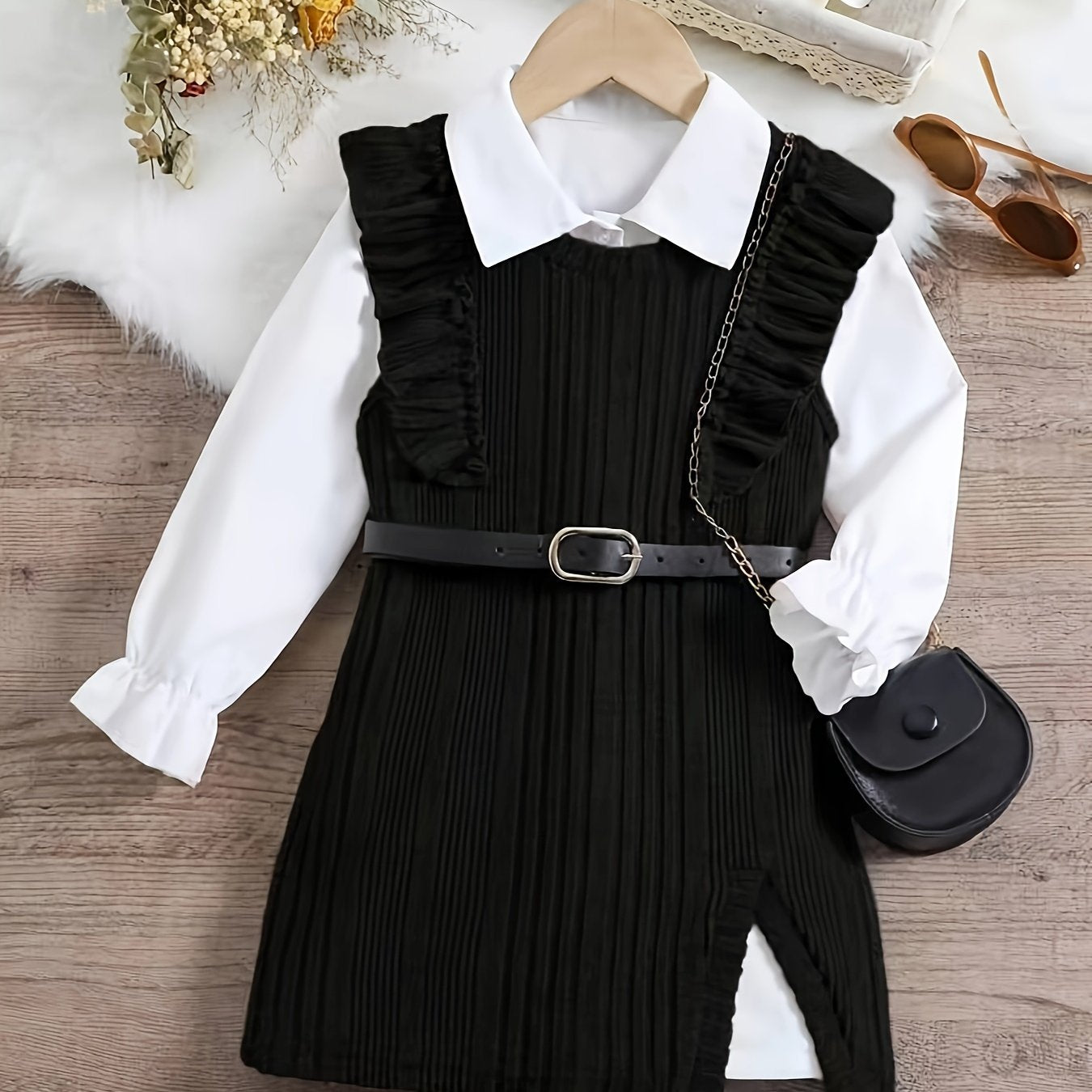 Girls 2-piece Trendy & Stylish Outfit, Long Sleeve Button Up Shirt & Sleeveless Ruffle Spliced Knitted Split Side Dress For Spring & Fall Outdoors (Belt Excluded)