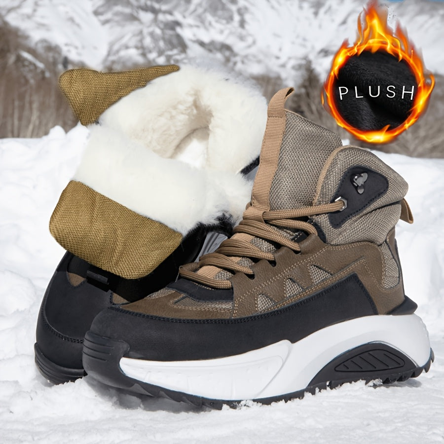 Men's Thermal Insulated Winter Boots with Lining - PU/Fabric Upper, Zipper & Lace Closure, Cushioned Insole & Arch Support, Brown/Black/White/Beige - Low-Top Round Toe for Snow, Ice, and Casual Attire - Ideal for Skiing, Hik