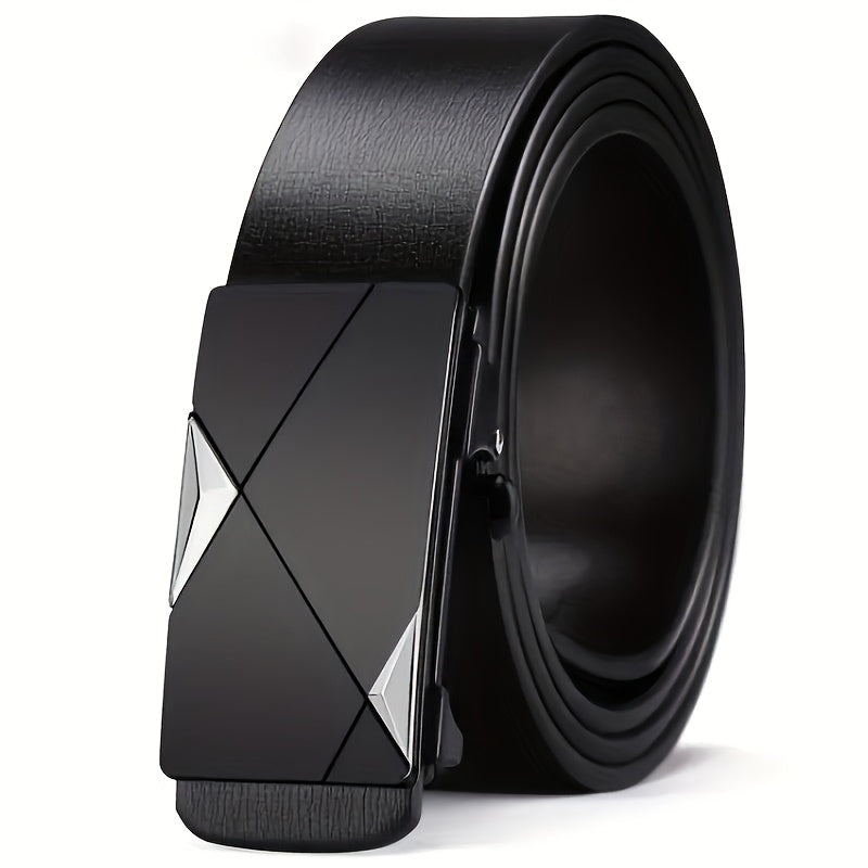 Տղամարդկանց Luxury Automatic Buckle Faux Leather Belt - Խնամված սև ոսկեգույն երկրաչափական ճարմանդով, Business Casual Style, Հարմարավետության համար հարմարեցված հարմարեցում, Business Casual աքսեսուար | Բարդ գոտիների դիզայն | Խնամված սև ավարտ