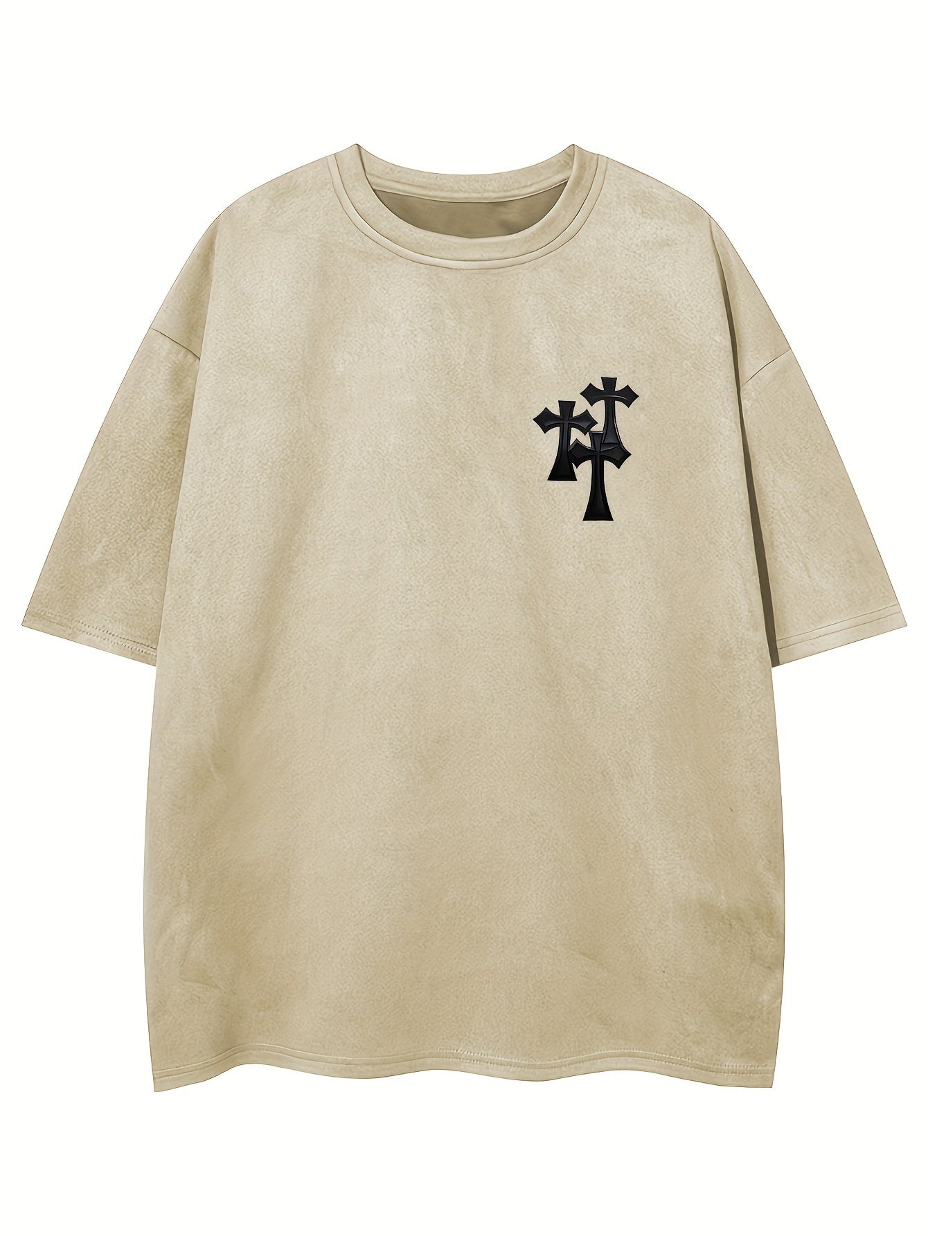 Men's Casual Black Suedette Short-Sleeve T-Shirt with Print Cross Design - Soft, Loose Fit, Round Neck, Summer Tee for Adults, Summer Casual Wear | Casual Shirt | Faux Suedette Texture