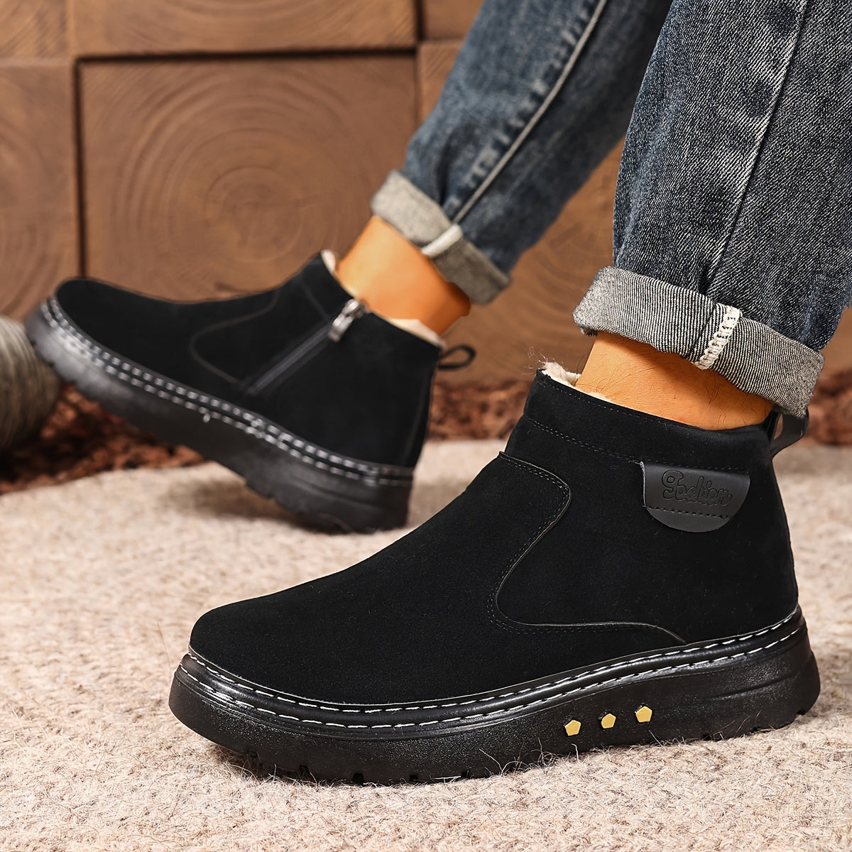 Men's Winter Ankle Boots - Slip-On Snow Boots with Fleece Lining & Thick PU Sole, Brown/Black - Slip-Resistant Traction Tread - Warm Thermal Boots for Ice, Snow, and Cold Weather - Ideal for Everyday, Formal, or winter activi