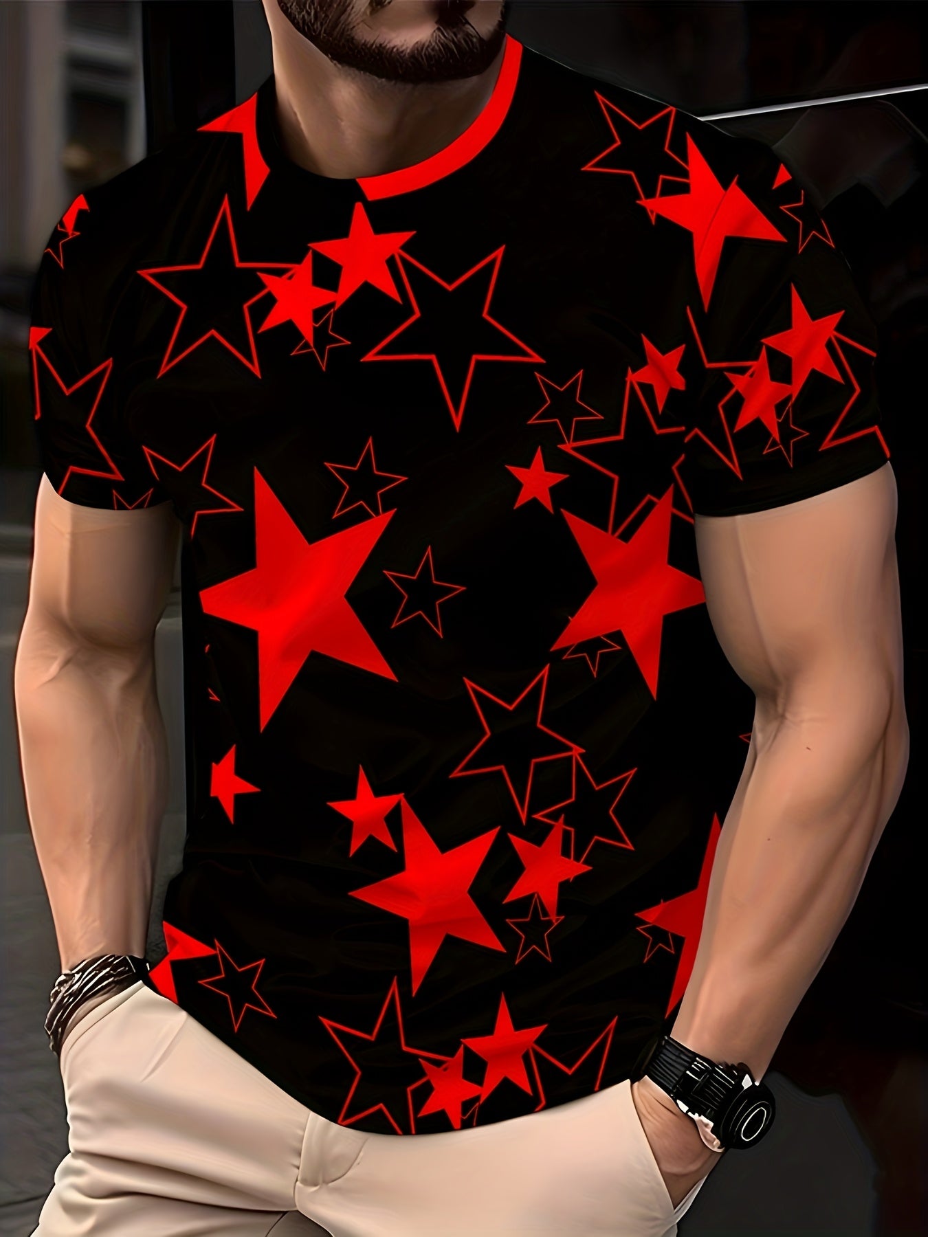Men's Allover Color Blocking Stars Pattern Short Sleeve Crew Neck T-shirt For Summer, Casual Stylish Tee As Gift
