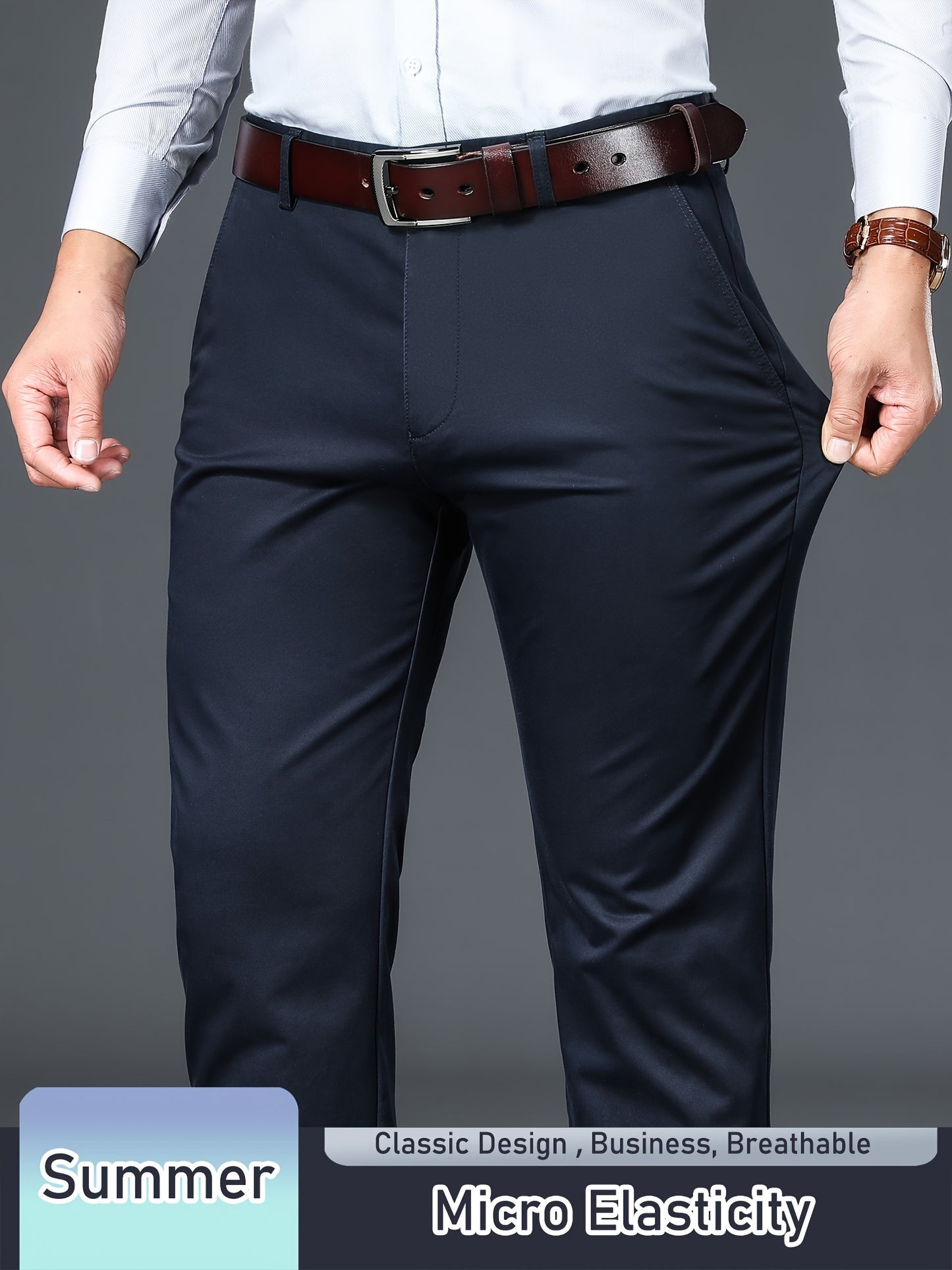 Men's Solid Pants With Pockets, Light Business Style Regular Fit Trousers For Outdoor Activities, Daily Wear For Spring And Autumn