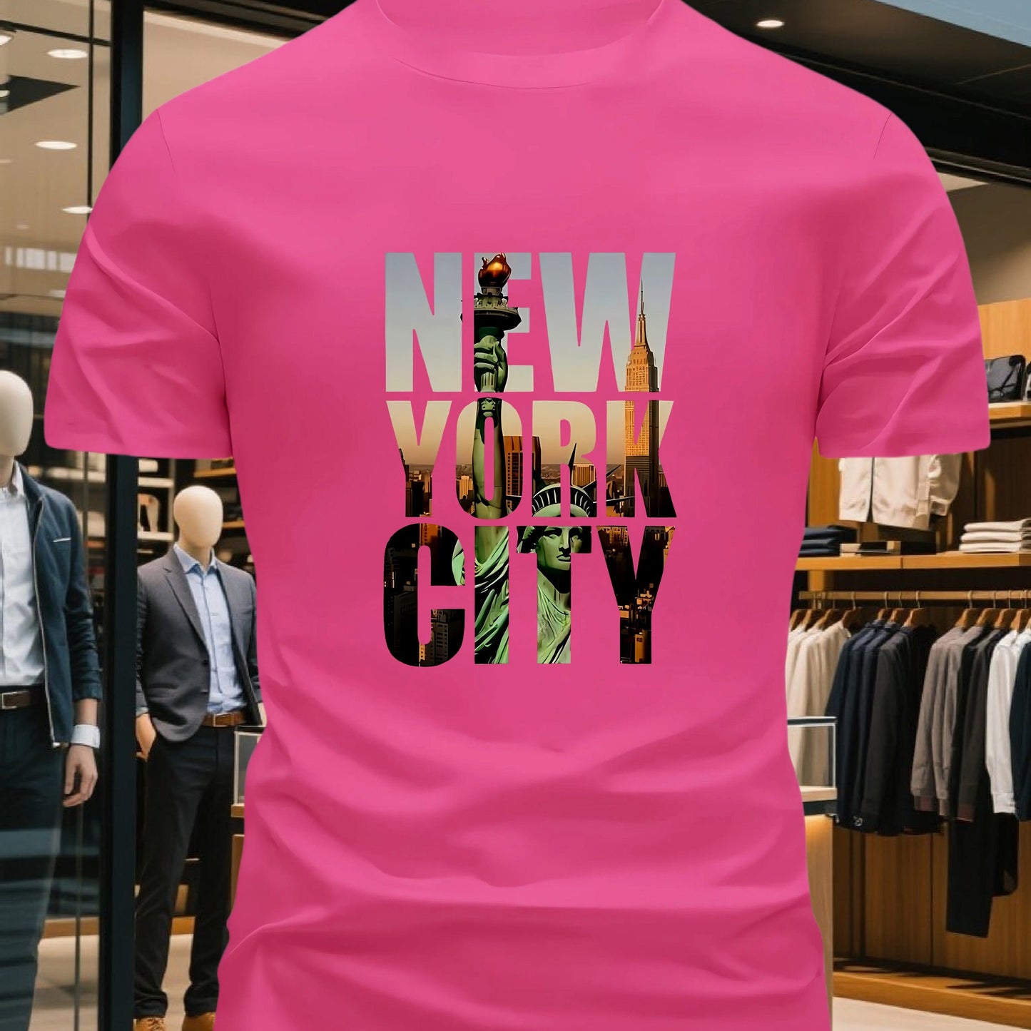 Men's 100% Cotton Crew Neck Short Sleeve T-Shirt with New York City Graphic Print - Navy Blue Casual Comfort Fit Tee, Machine Washable Everyday Essential, Allseason Apparel, Comfortable Outfit, Urban Style, Breathable Materia