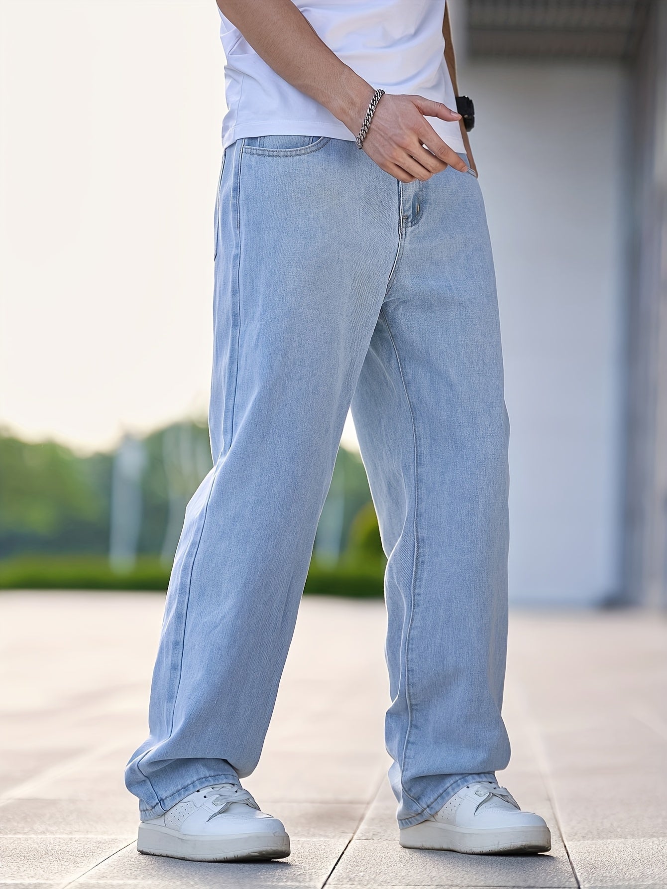1pc Men'S Casual Washed Denim Jeans, Loose Fit Straight Leg, Solid Color, Non-Stretch Fabric, All-Season Woven Pants - Regular Length