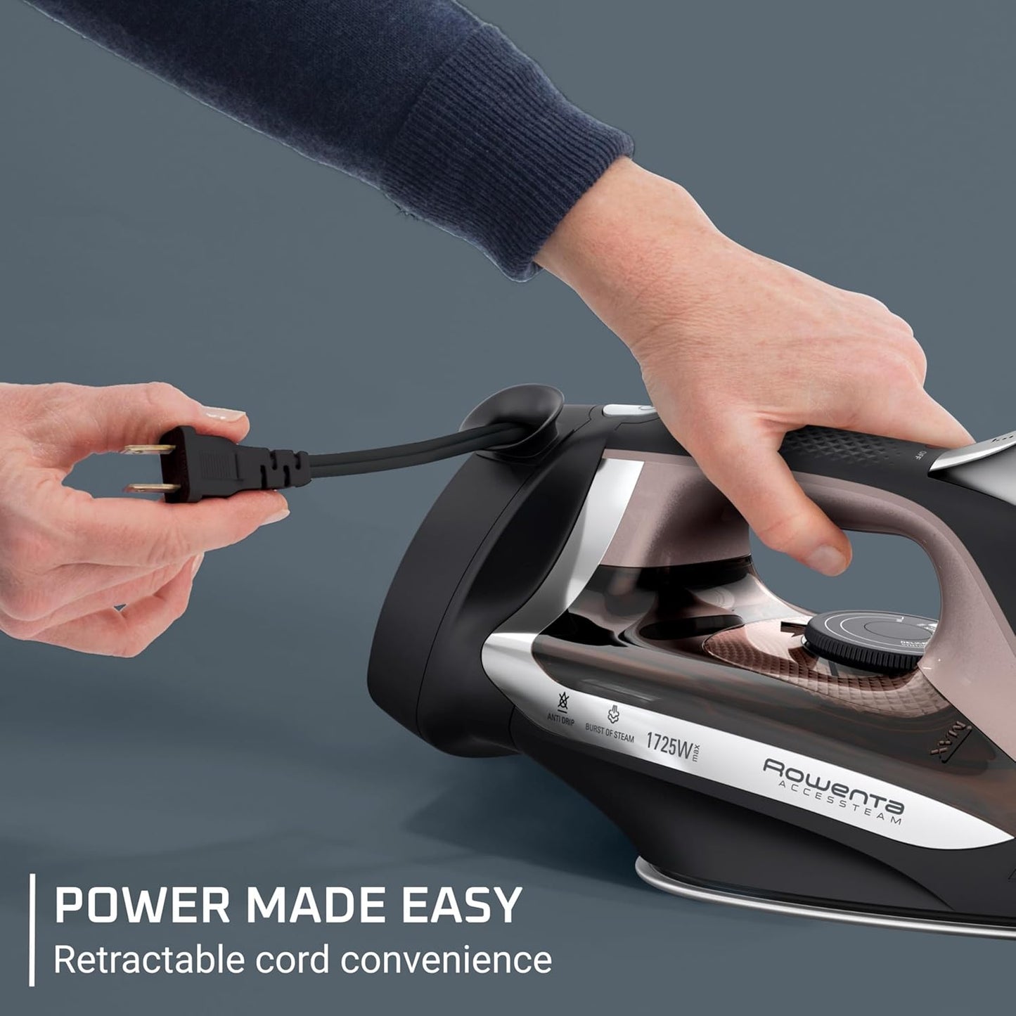 Rowenta Iron Steamer for Clothes, Stainless Steel Soleplate, Iron with Retractable Cord, Black, DW2459