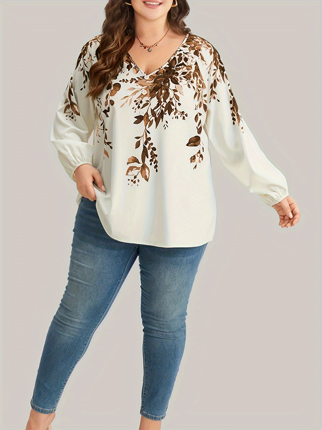 Plus Size Floral Print Blouse, Casual V Neck Long Sleeve Blouse For Spring, Women's Plus Size Clothing