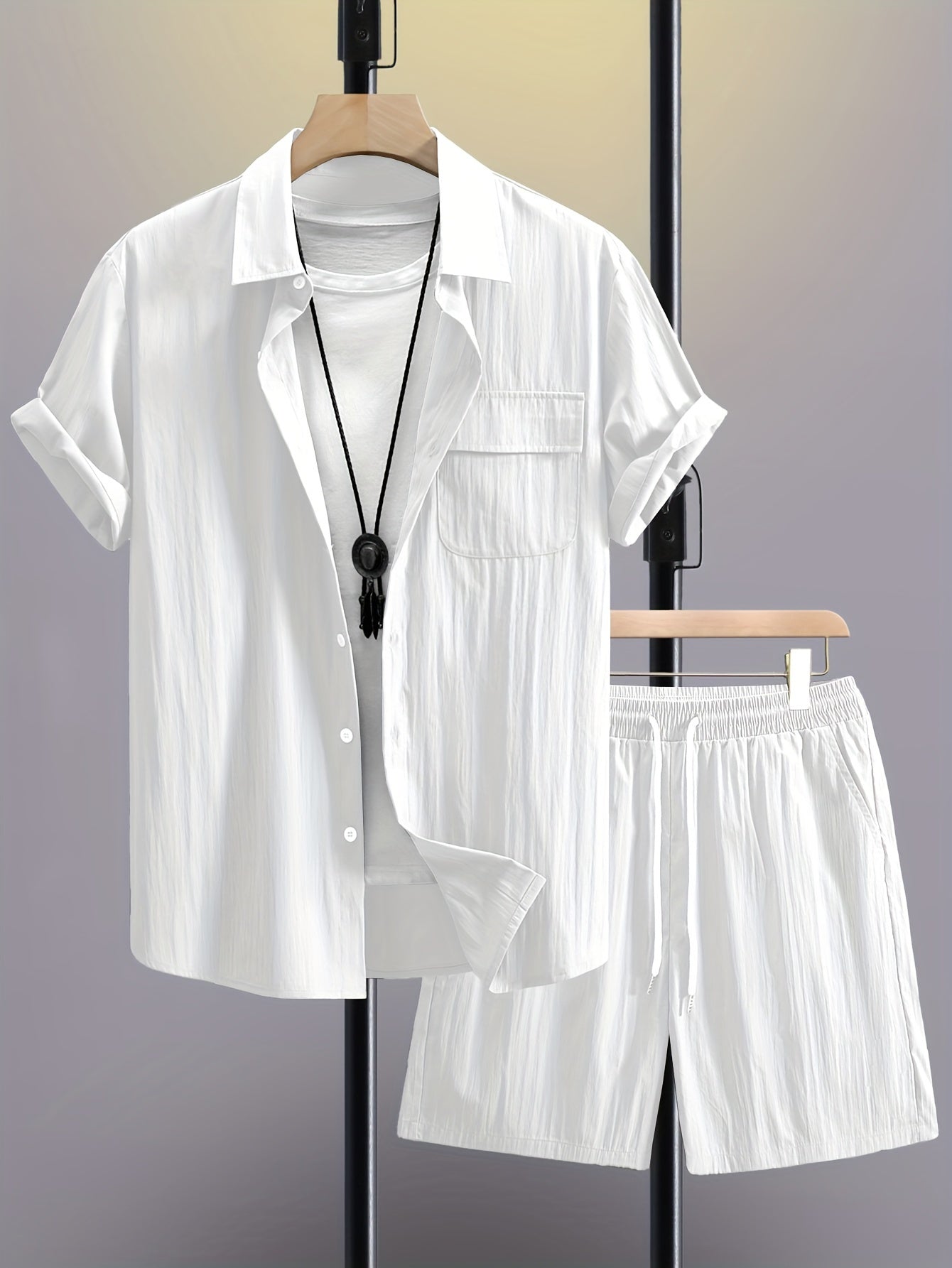 Men's Summer 2pcs Set: Casual Fashion Beige Short Sleeve Collared Shirt & Drawstring Shorts - Lightweight Blend, Ideal for Beach Vacations