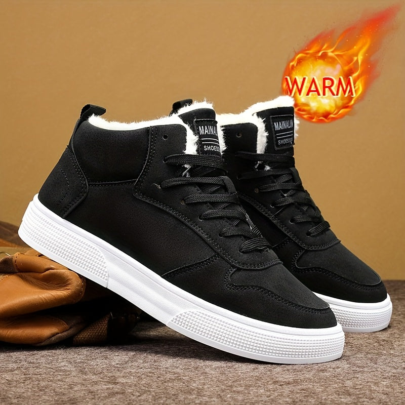 Men's Mid-Top Lace-Up Boots with Warm Plush Lining for Comfortable Winter Outdoor Street Walking and Strolling, Winter Boots