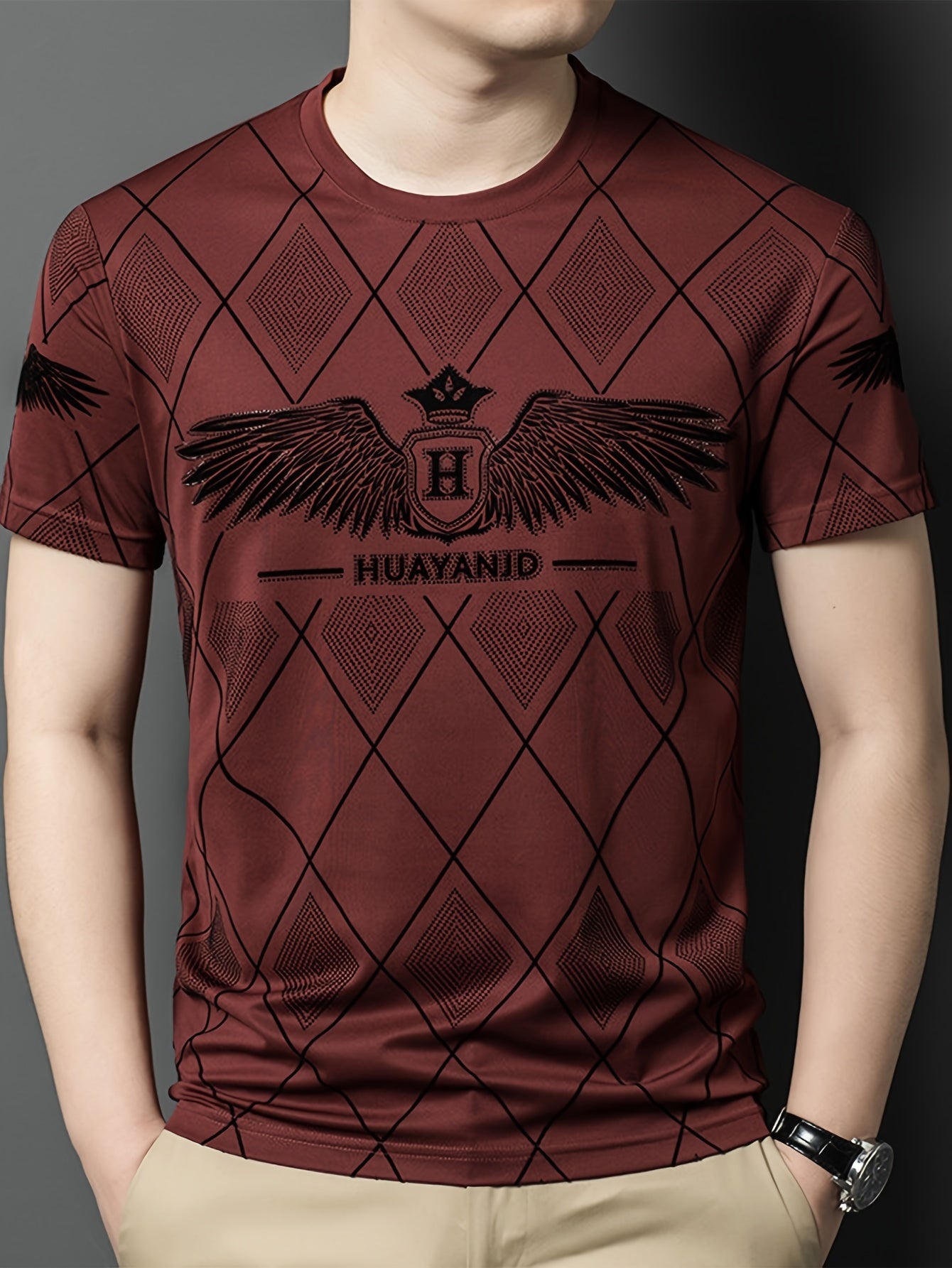 SINBOS Men's 2025 Summer Short Sleeve T-Shirt - Black Casual Graphic Print Tee with Wing HUYAND Logo Design, Breathable Stretch Fabric, Round Neck Regular Fit for Casual Attire, Nontransparent Material, Relaxed Fit, Trendy