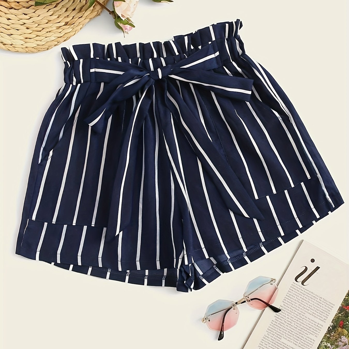 Striped Paperbag Waist Belted Shorts, Vacation Slant Pocket Loose Shorts, Women's Clothing