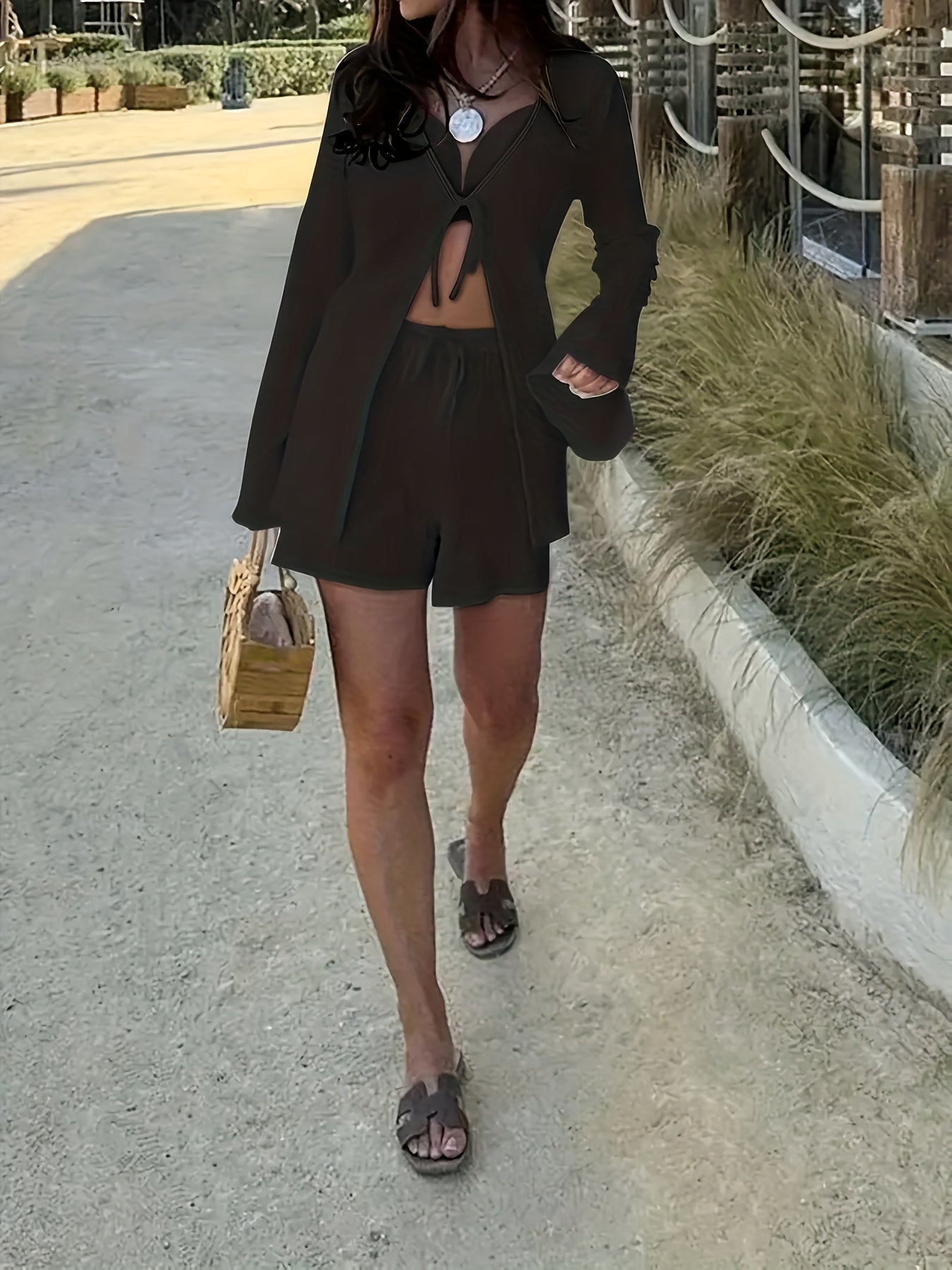 Women’s Solid Color Tie-Front Long Sleeve Top & Shorts Set