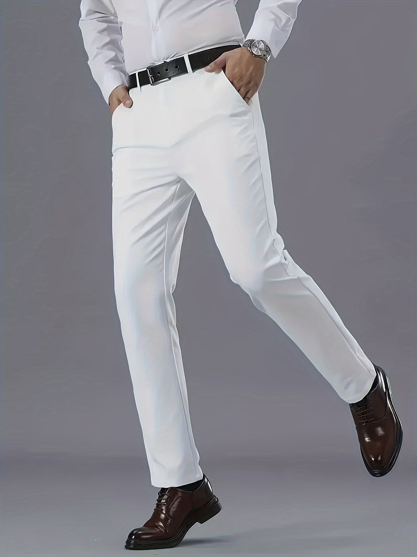 Men's Solid Color Business Casual Pants, Lightweight Business Style Versatile Trousers for Office