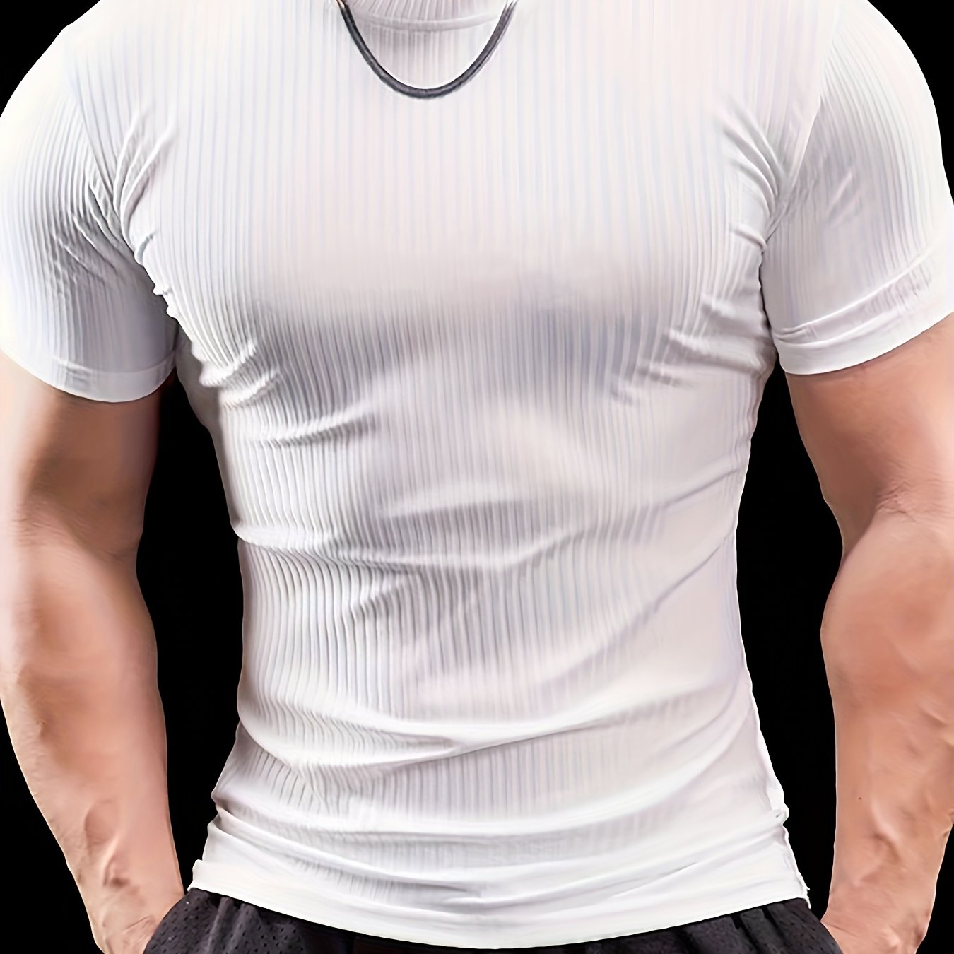 Men's Slim Fit Ribbed Short Sleeve T-Shirt - Stretchy Athletic Casual Wear, Green, Round Neck, Machine Washable, Muscle-Enhancing Design, Gym Shirts