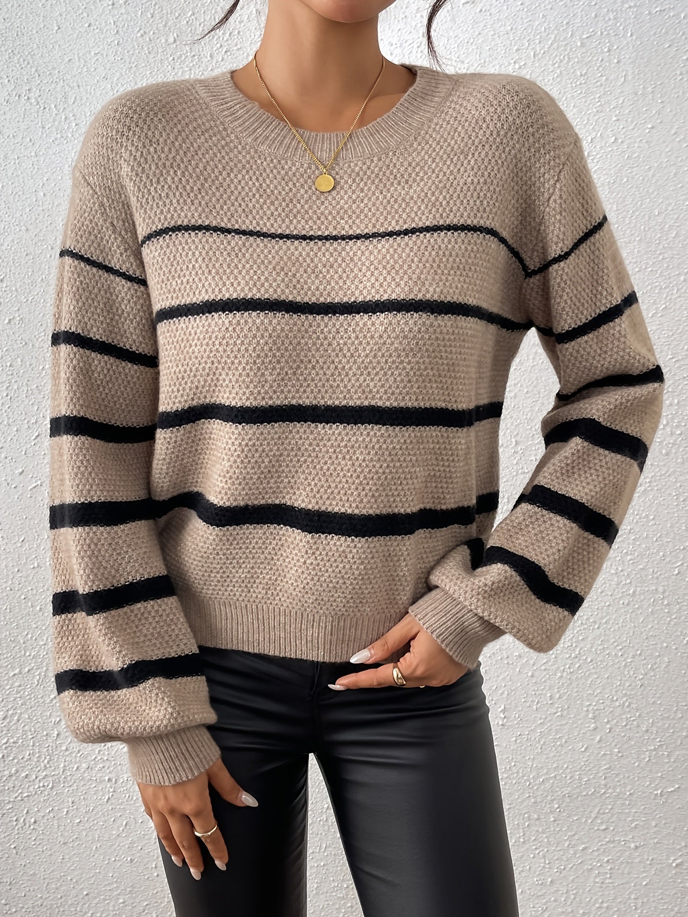 Elegant Crew Neck Stripes Color Block տրիկոտաժե գործվածքից կարճաթև կլոր պարանոցի սվիտեր, Նոր ժամանում, կանանց համար, գարուն/աշուն