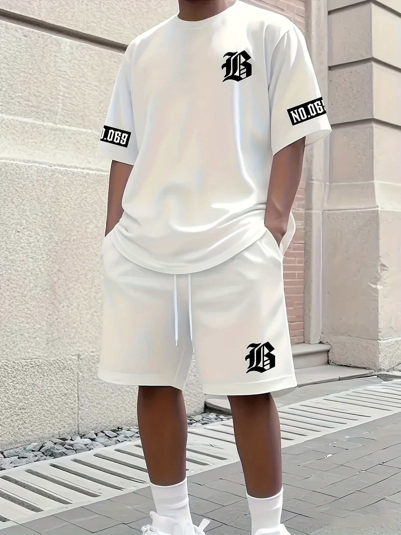 Men's Casual T-Shirt and Shorts Set with Bold "B" Print - Polyester Knit Fabric, Machine Washable, Summer Streetwear, Perfect for Outdoor Activities and Comfortable Leisure Wear