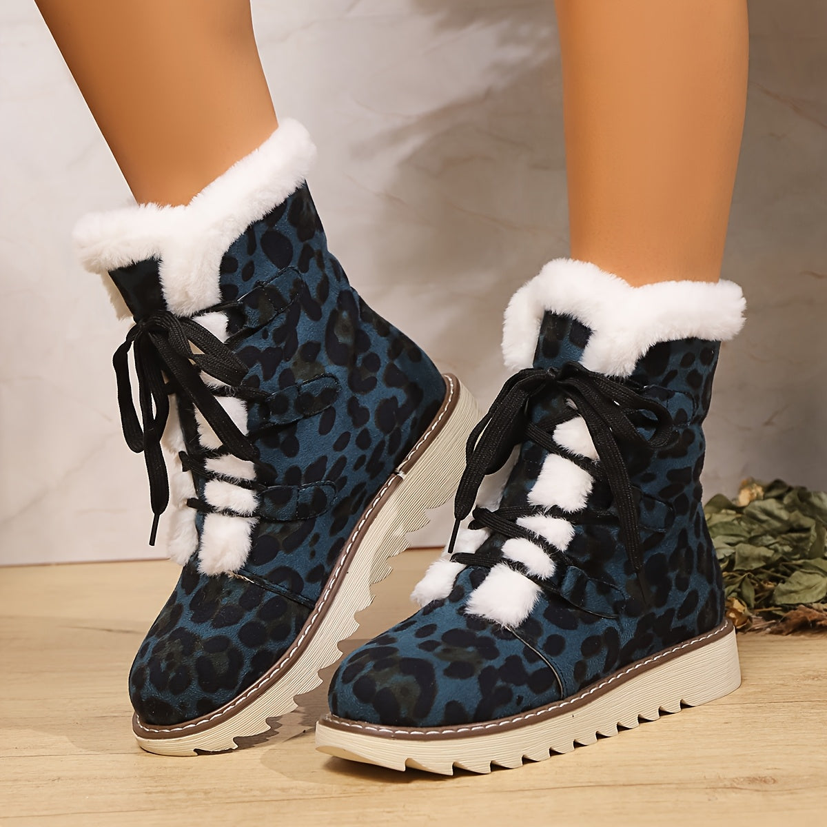 Women's Leopard Print Winter Boots with Flat Sole & Lace-Up Closure - Blue Round Toe Fabric Upper, Rubber Traction Outsole for Cold Weather Comfort, African-Inspired Fashion Footwear, Cold Weather Gear, Comfortable Boots, War