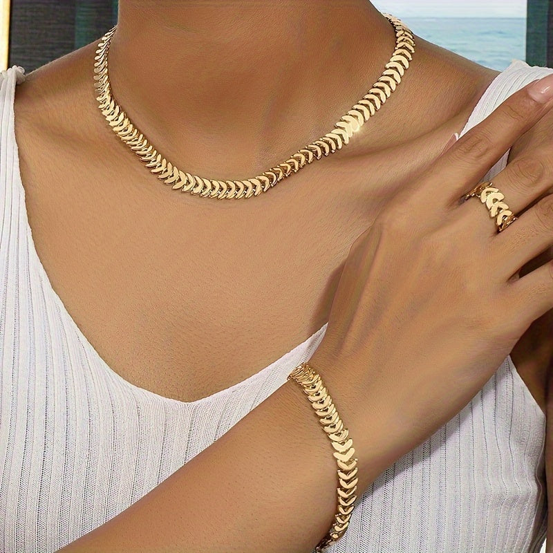 Hip-Hop Inspired Women's Jewelry Set - Necklace, Bracelet & Ring Combo for Casual Attire and Gifting, Spring Summer, 3pcs