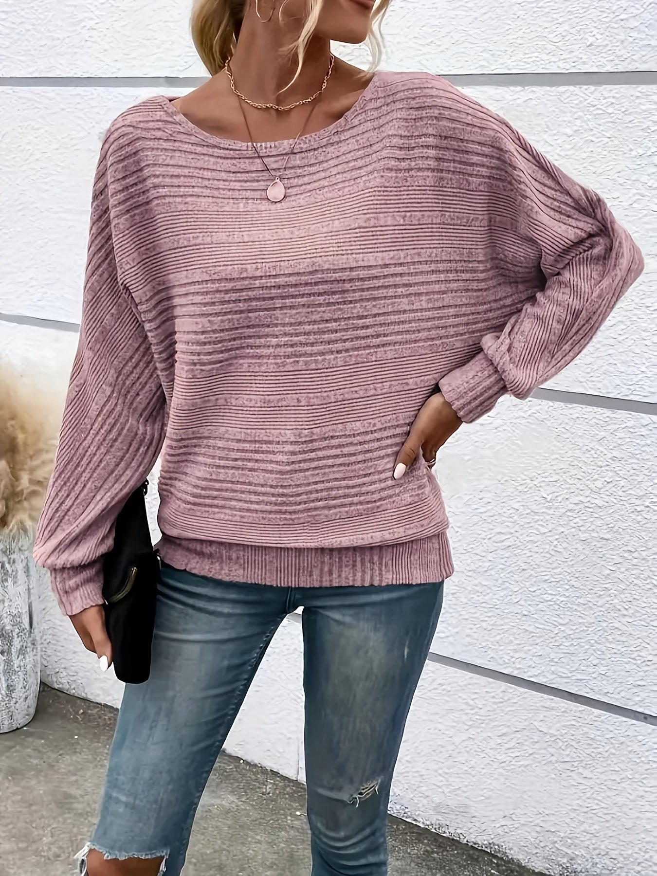 1 հատ Women'S Casual Crew Neck Knit T-shirt - պոլիեսթեր պինդ գույնի երկարաթև վերնաշապիկ գարնան/աշունի համար