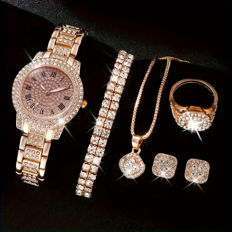 6pcs Luxury Fashion Women'S Jewelry Set, Rose Golden Stainless Steel Quartz Watch with Matching Necklace, Earrings, and Bracelet, Roman Numerals, Electronic Movement, Non-rechargeable Battery - Perfect Gift for Mom