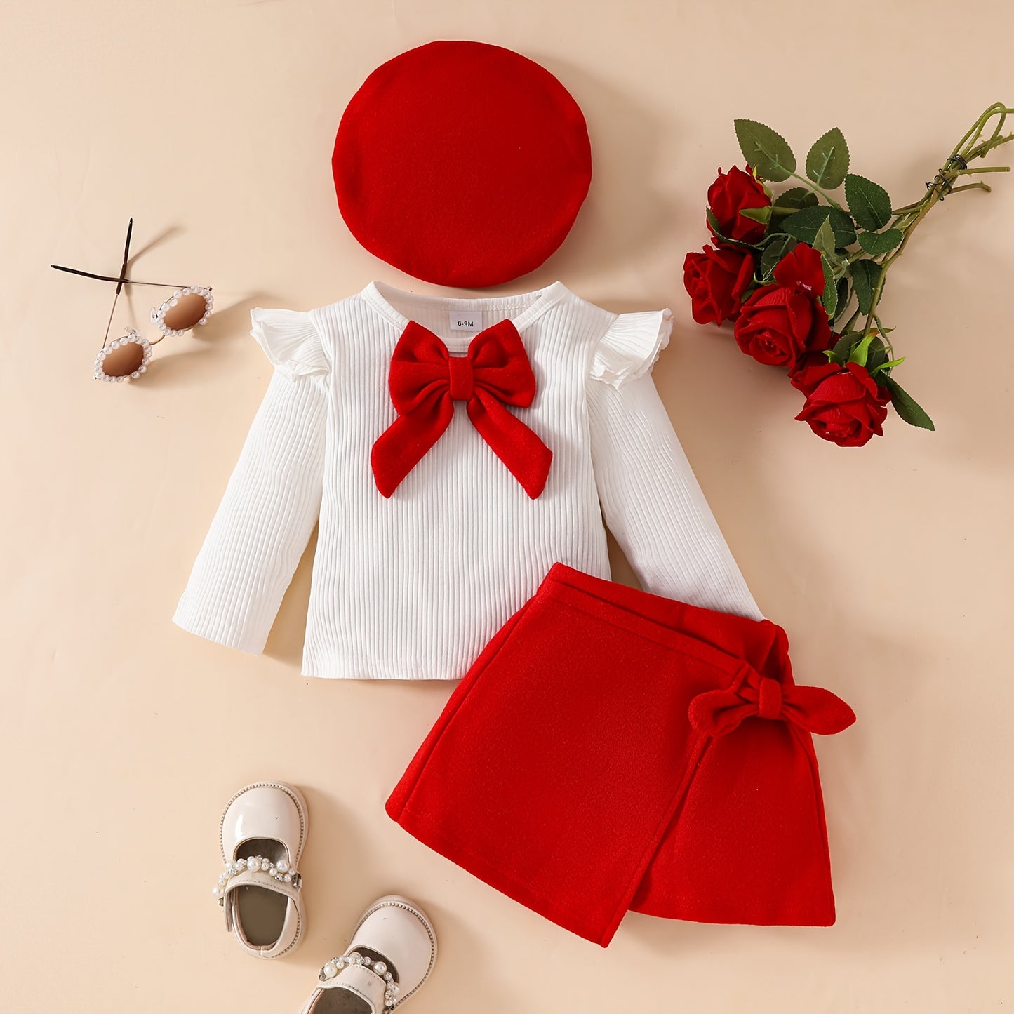 Honey Style Knitted Fabric Crew Neck Long Sleeve T-Shirt with Solid Color Flared Skirt and Beret Set for - Bow Detail Knee High Medium Stretch Fall/Winter Outfit