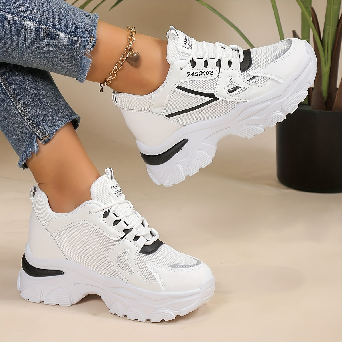 Women's Heighten Mesh Breathable Chunky Sneakers, Color-block Thick Bottom Casual Outdoor Running Shoes