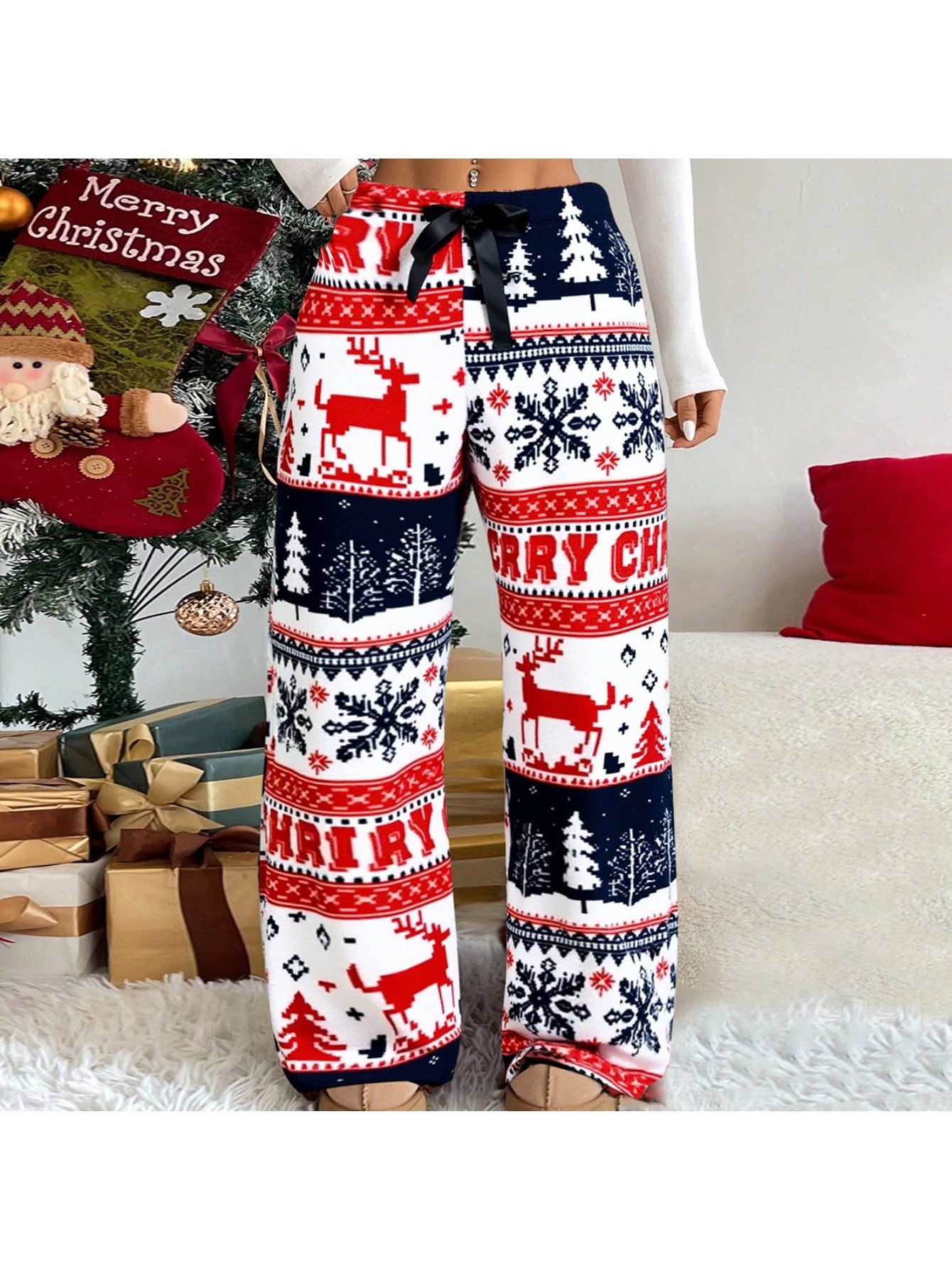 Women'S Winter Warmth Pants - Cozy Fleece-Lined Wide-Leg Trousers with Elastic Waist & Cuffed Hem, Red & Snowflake & Reindeer Print, Bohemian Style For Cold Weather, Winter Pants, Cold Weather Apparel, Soft Fabric Trousers, L