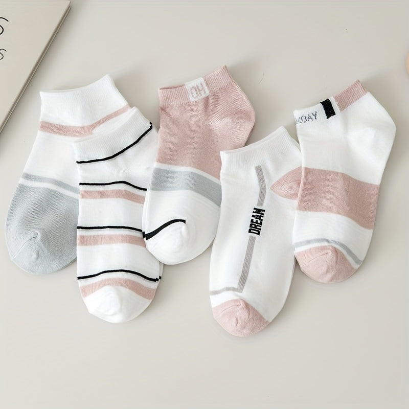 5 Pairs of Women's Summer Short Socks, Striped Breathable Color-Mixing Boat Socks, Pink Fresh Women's Socks